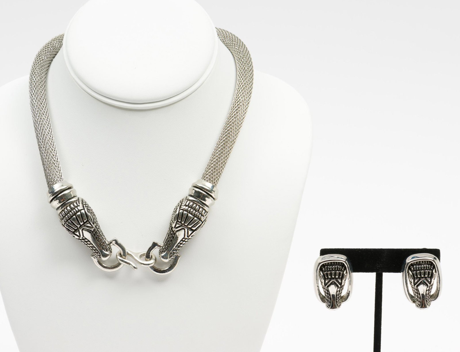 Cabot Mesh Alligator Choker and Clip on Earrings: Alligator ends marked 1996 Cabot. Necklace 17-1/2" long. Earrings. 1-1/8" long. DP. IMPORTANT: Before bidding, please read the terms and conditions. When you registered for the auction you agreed to t
