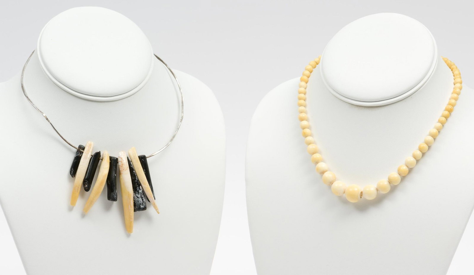 2 Necklaces incl Bone Beads and Carved Bone and Wood: Beads 5mm to 13 mm. Choker with carved wood and bone 4-1/2" diameter. MH. IMPORTANT: Before bidding, please read the terms and conditions. When you registered for the auction you agreed to these terms