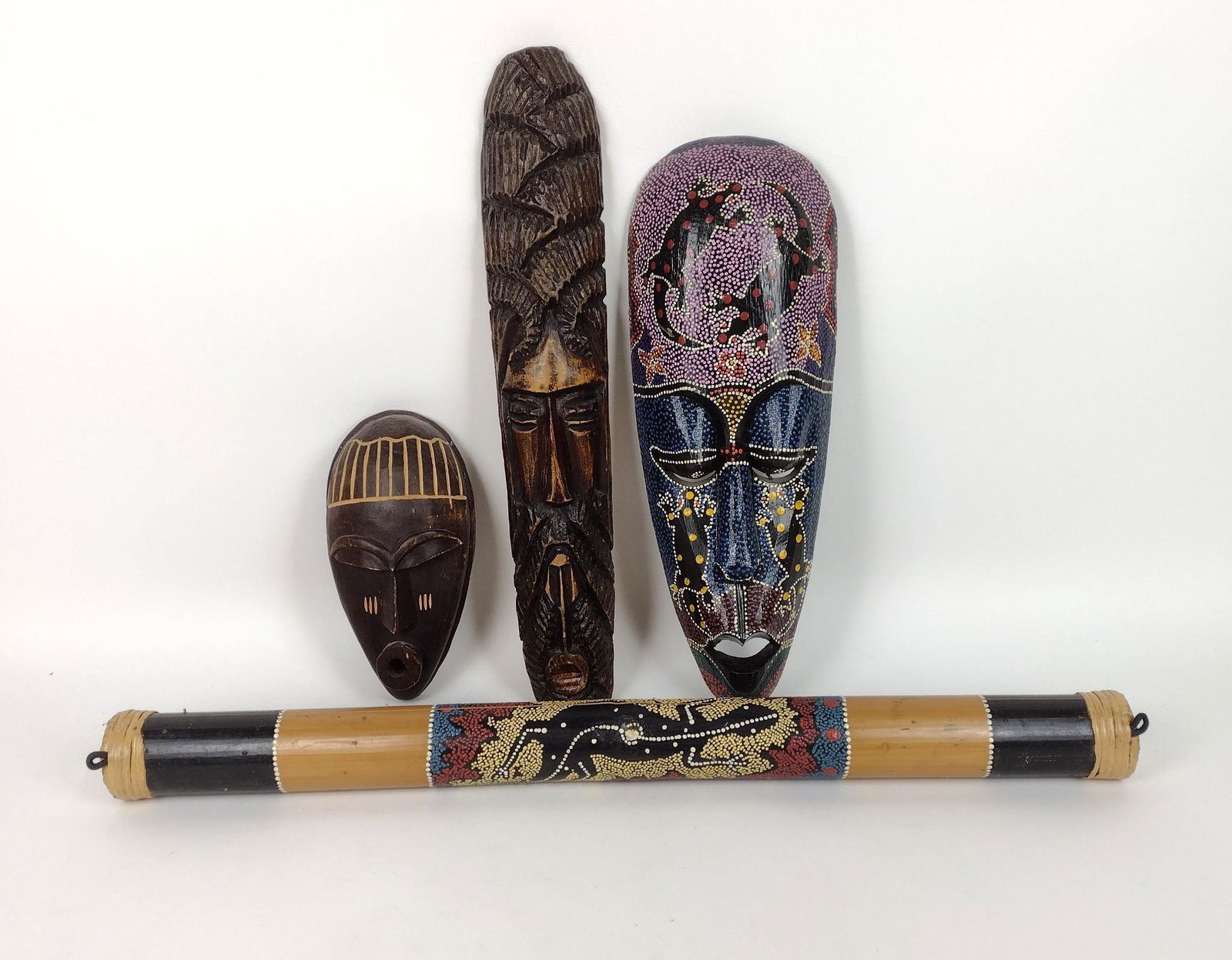 3 Decorated Tribal Masks & Rain Stick (1 of 2)