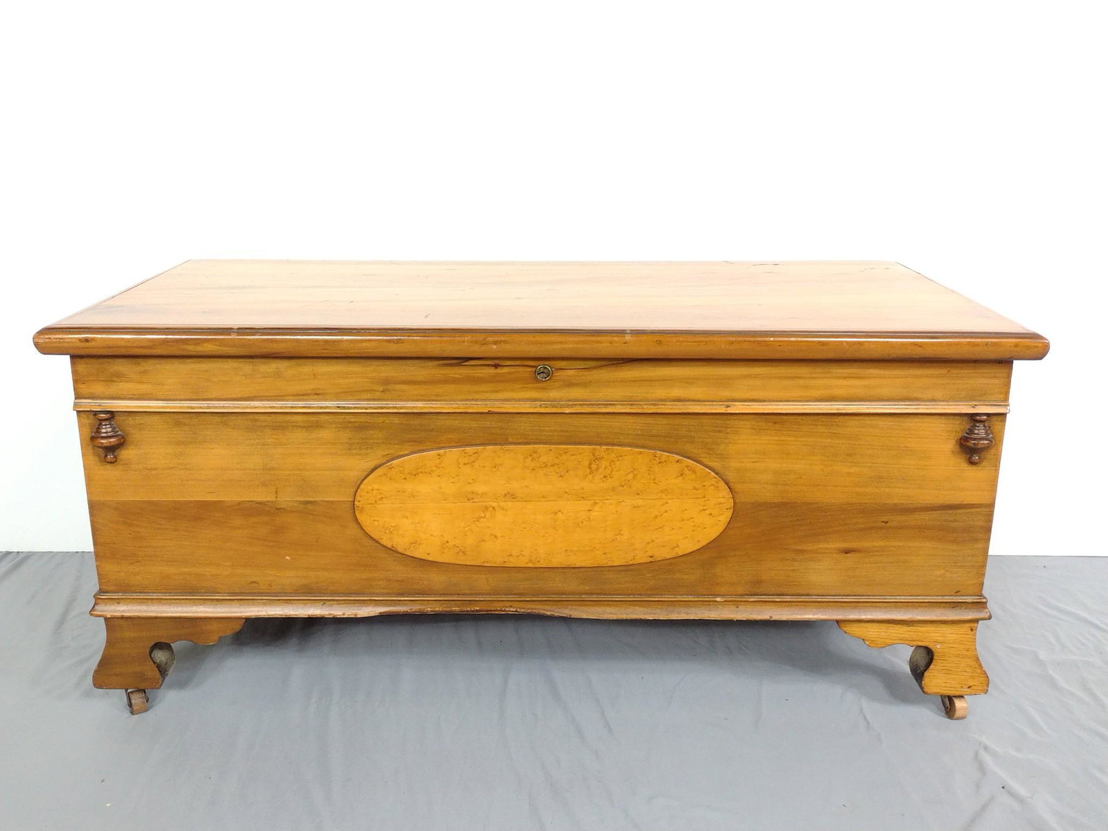 Cedar Chest: 42" wide X 18-1/2" deep X 19" high. Has a few light scratches. MG. IMPORTANT: Before bidding, please read the terms and conditions. When you registered for the auction you agreed to these terms and wi