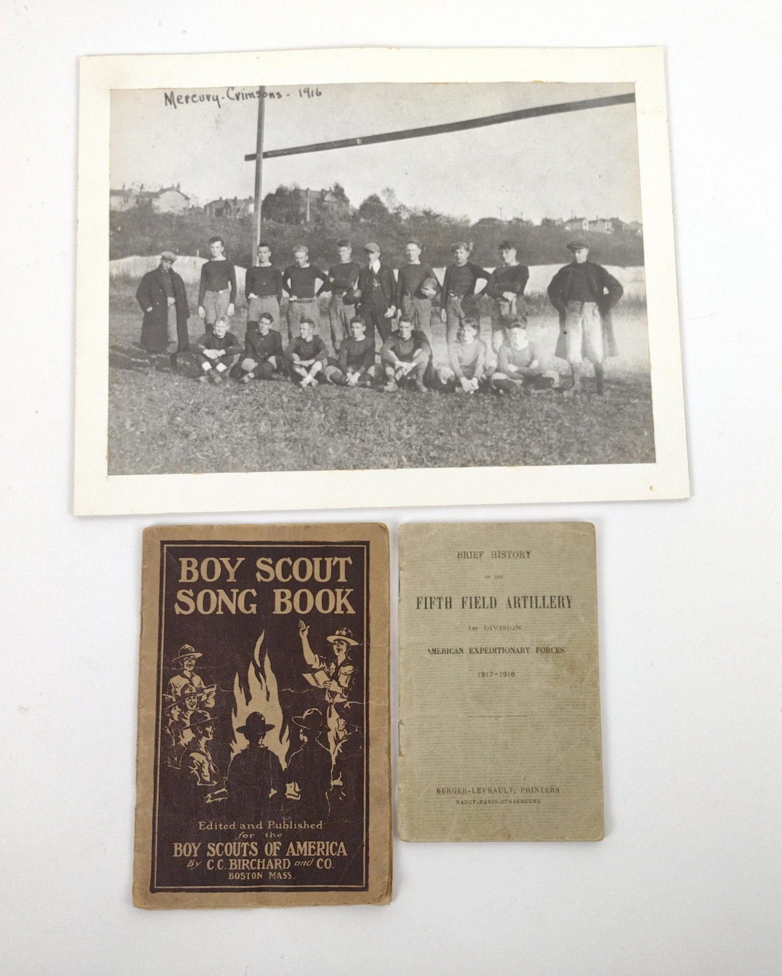 3 Pcs Incl 1916 Mercury - Crimson Football Photo: Also includes Boy Scout Song Book and Brief History of the Fifth Field Artillery 1st Division American Expeditionary Forces 1917-1918. RM IMPORTANT: Before bidding, please read the terms and condition