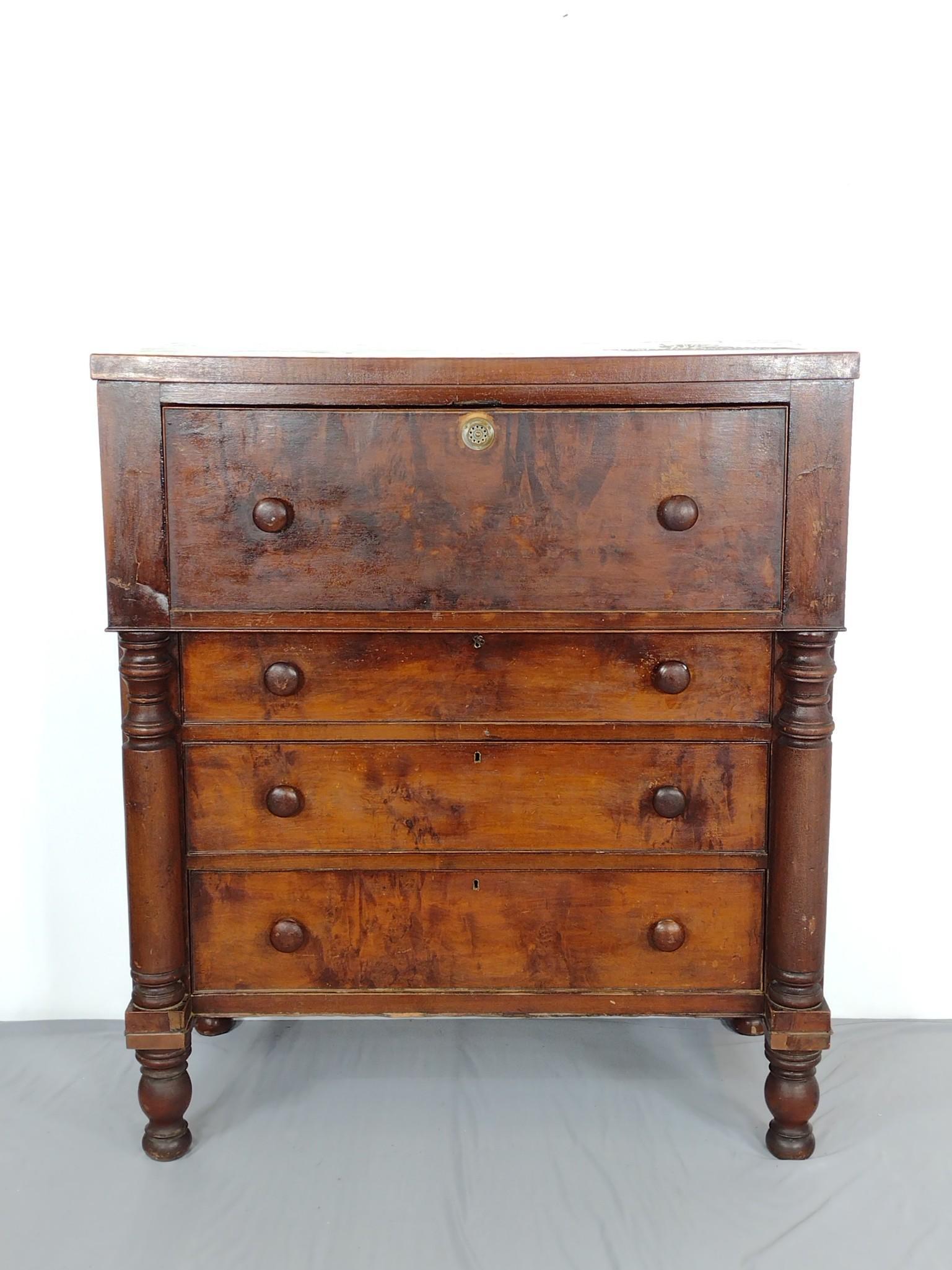 Butler's Desk: 42-1/2" wide X 22-1/2" deep X 49" high. Has some scratches. Has areas of missing veneer. MG. IMPORTANT: Before bidding, please read the terms and conditions. When you registered for the auction you ag