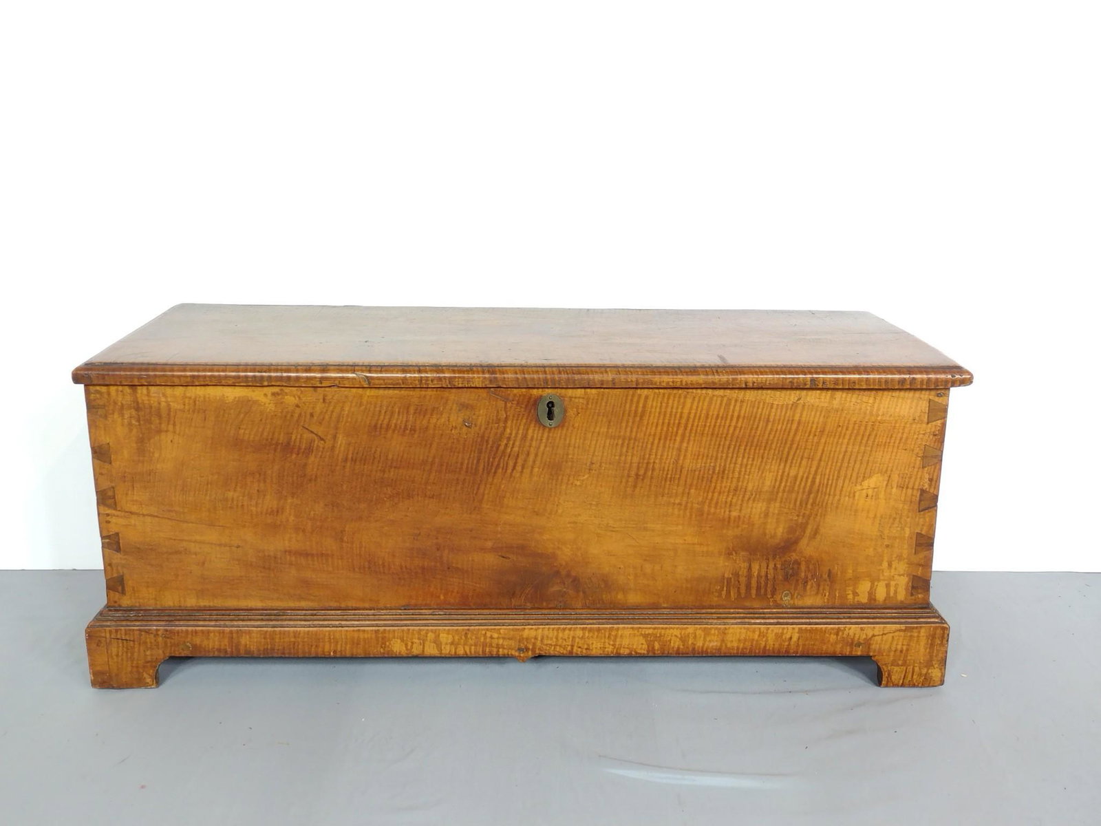 Blanket Chest: 37-1/2" wide X 13" deep X 15-1/2" high. Both hinges have repair. MG. IMPORTANT: Before bidding, please read the terms and conditions. When you registered for the auction you agreed to these terms and 