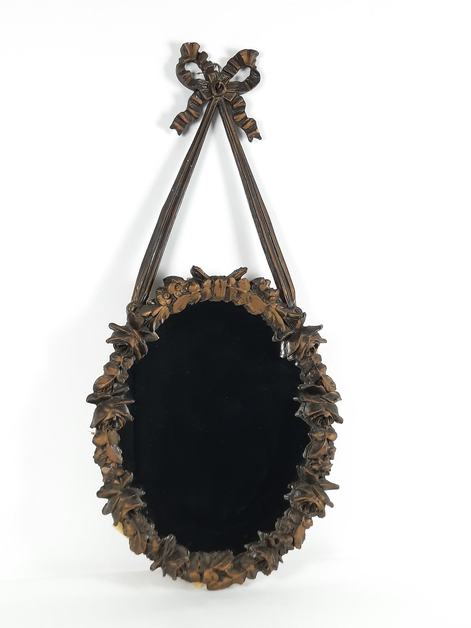 Vintage Mirror With Bow: Overall with frame 36-1/2" high x 17-1/2" wide. Some paint losses. LR IMPORTANT: Before bidding, please read the terms and conditions. When you registered for the auction you agreed to these terms and