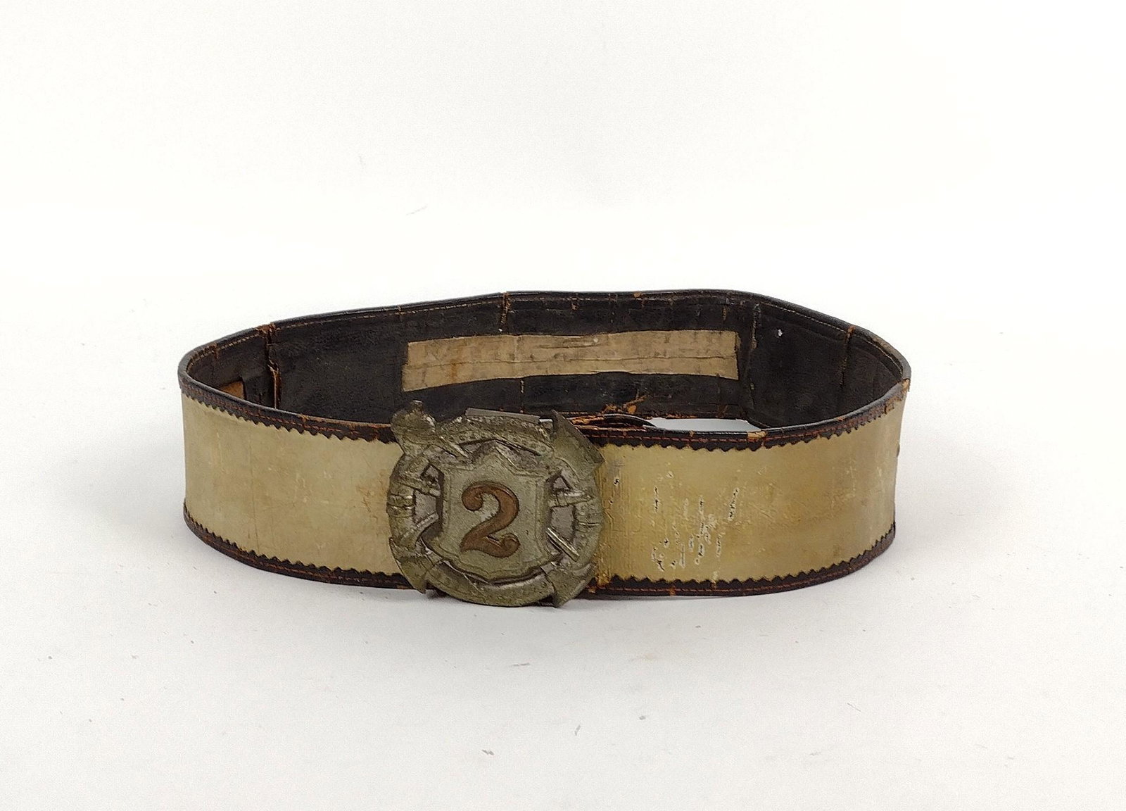 "Allison" Firefighter Belt: Belt buckle has "2" on the front. "Allison" is on the back. Some losses and cracks consistent with age and use. MEG The item(s) in this lot are being sold from the Estate of Stephen Reed. IMPORTANT: B