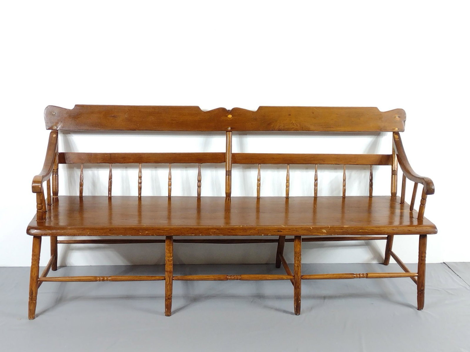 Deacons Bench: 70-1/4" wide X 20-1/2" deep X 33" high. Bench top has some repairs. Has some scratches. MG. IMPORTANT: Before bidding, please read the terms and conditions. When you registered for the auction you agr