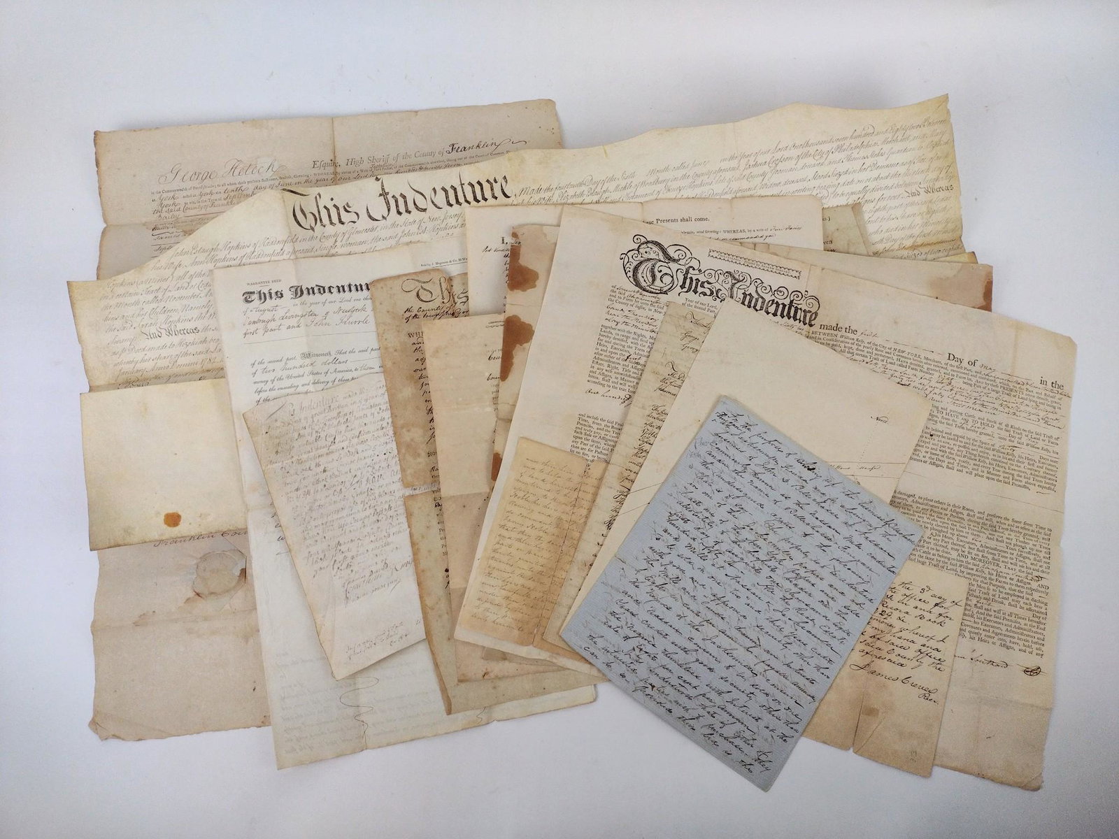 Collection of 13 Manuscript Pennsylvania & Other Deeds: A collection of 13 manuscript and printed Pennsylvania deeds from York (1793), Bradford (1820), Bedford (1826), Berks (1826), Franklin and other counties. An 18th century Gloucester county New Jersey 