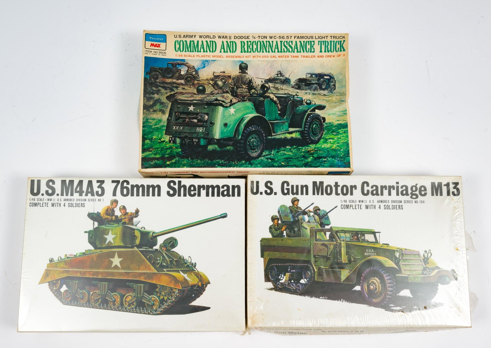 3 1/48 and 1/35 Scale Military Models: Includes Peerless Max 1/35 scale, item no. 3505. Bandai 1/48 scale item no. 058283 and no. 058264. Bandai items factory sealed but plastic torn on one. Peerless Max in original box, box with wear incl