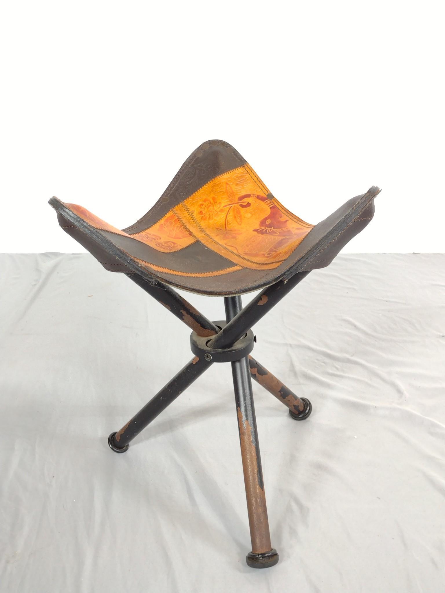Leather Top Stool: 14-1/2" wide X 13-1/2" deep X 19" high. Legs have paint loss and rust. MG. IMPORTANT: Before bidding, please read the terms and conditions. When you registered for the auction you agreed to these term