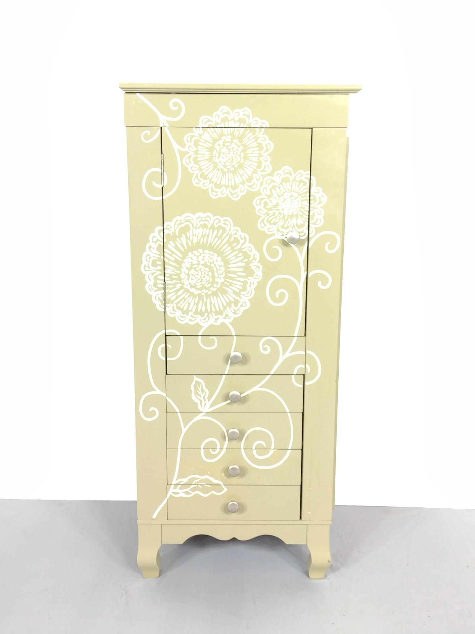 Powell Jewelry Cabinet: 18" wide X 14" deep X 41-1/4" high. Has discoloring. MG. IMPORTANT: Before bidding, please read the terms and conditions. When you registered for the auction you agreed to these terms and will be requ