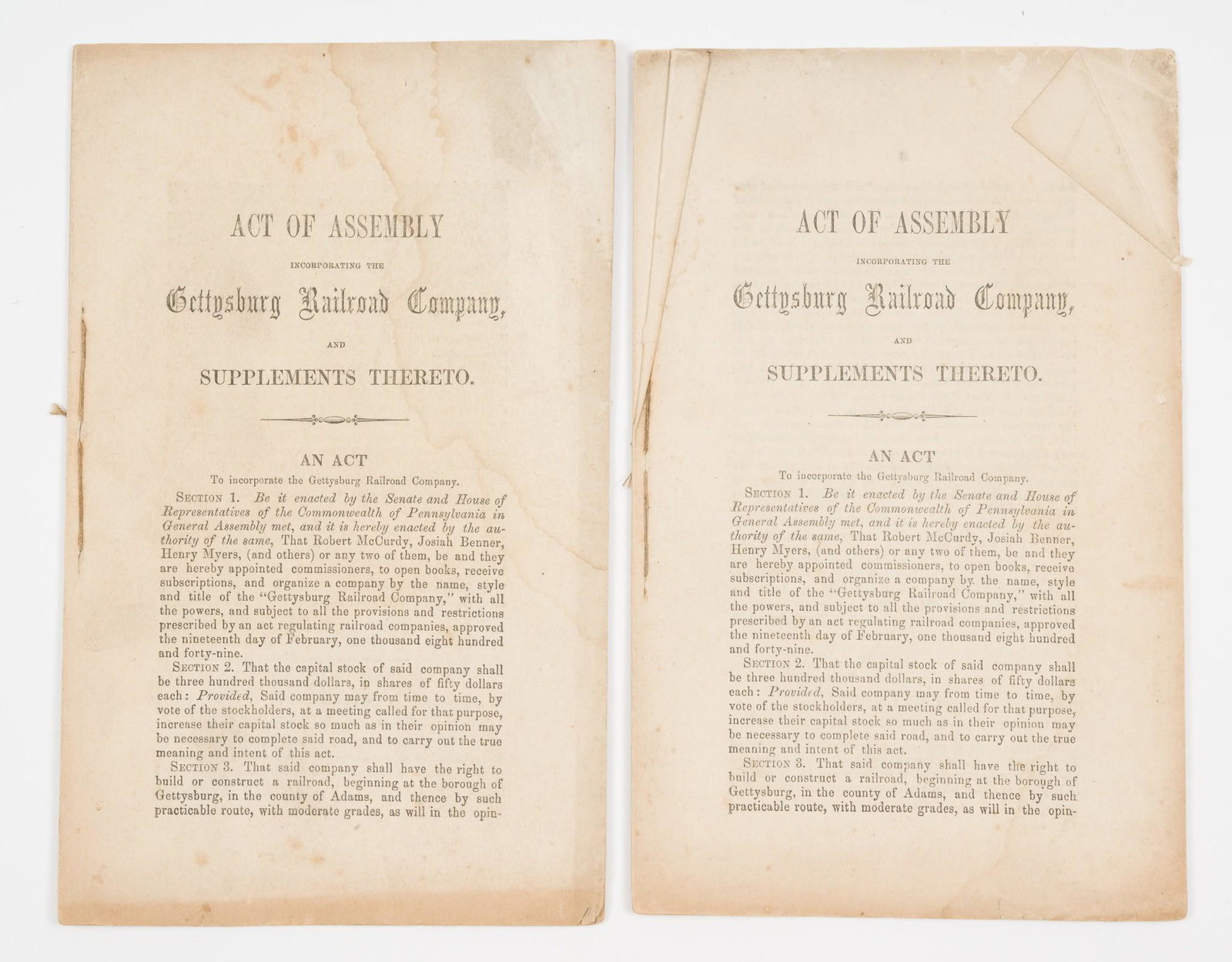 Act of Assembly Incorporating the Gettysburg Railroad Company: Two copies. 1849. Aughinbaugh & Wible, Printers, Gettysburg PA. Creases and watermarks. MH The item(s) in this lot are being sold for the Estate of Stephen Reed. IMPORTANT: Before bidding, please read