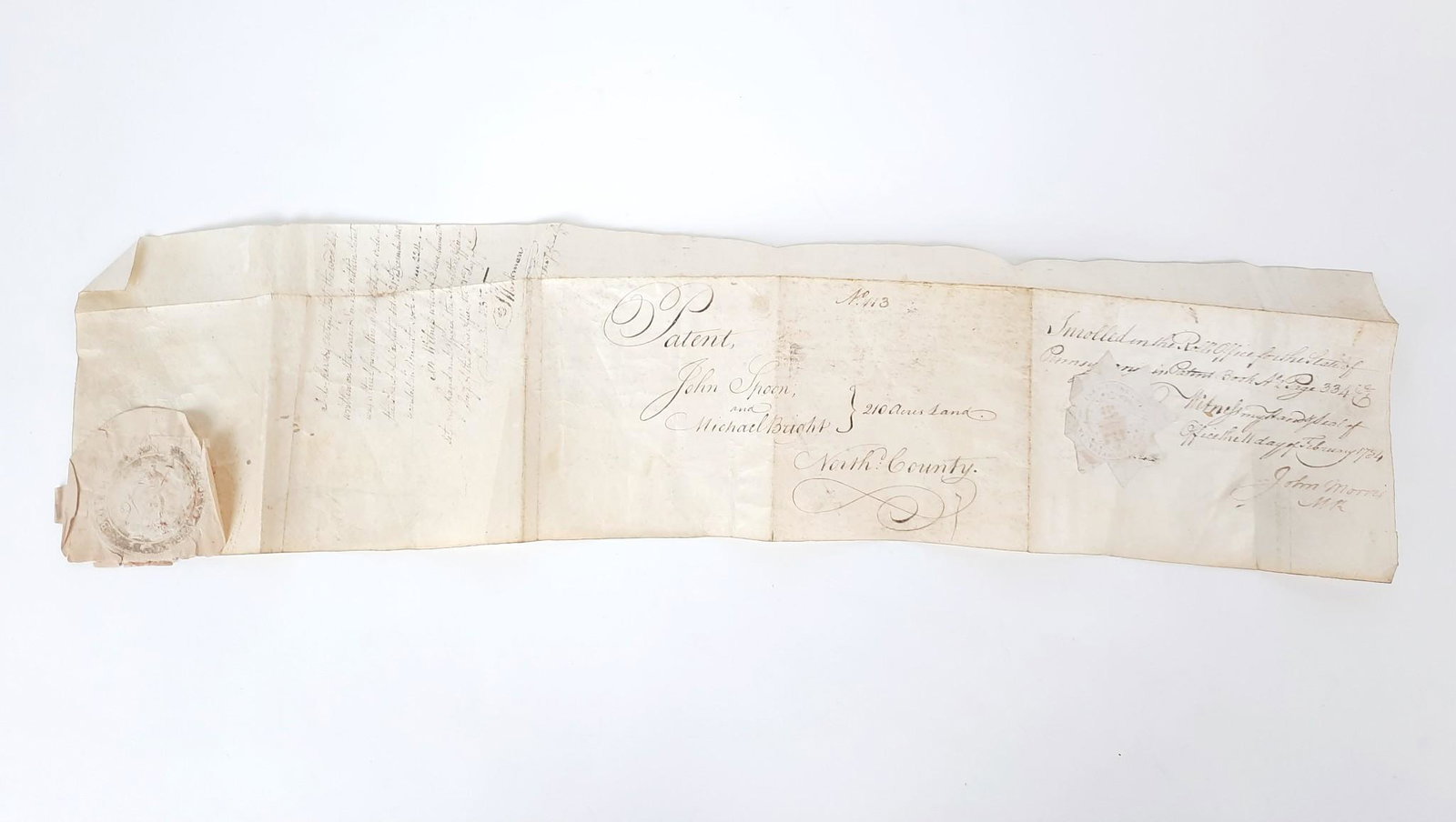1754 Land Patent Signed by James Ewing: James Ewing lieutenant governor, late senator of PA. North County, PA patent. 25" wide x 6-1/2" high. LR The item(s) in this lot are being sold from the Estate of Stephen Reed. IMPORTANT: Before biddi