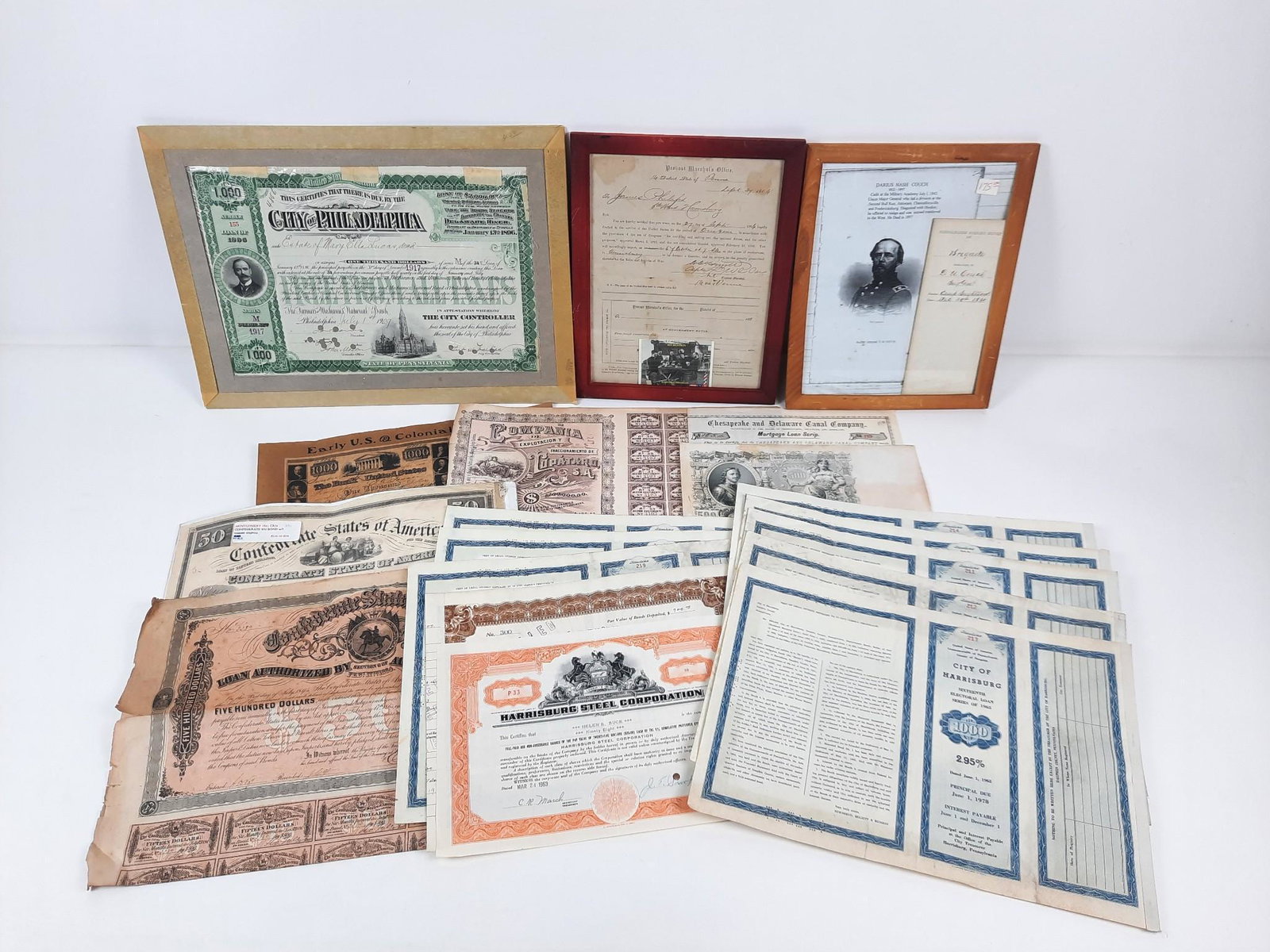 Grouping of Stock Certificates and Documents incl HBG: Includes Harrisburg Railways Company, Bull Run morning report, Provost Marshal document and more. LR The item(s) in this lot are being sold from the Estate of Stephen Reed. IMPORTANT: Before bidding, 