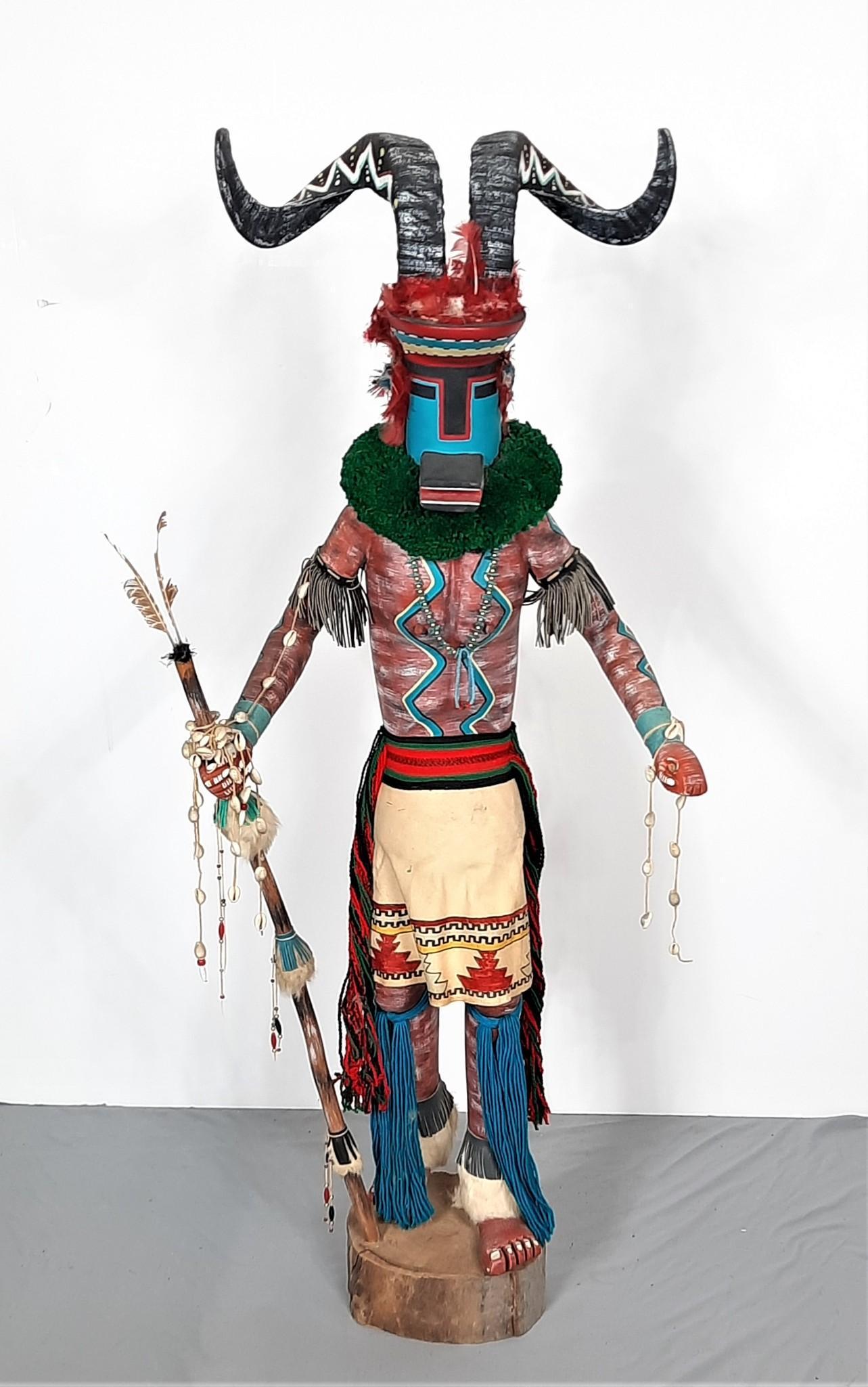 51" Yunt Mountain Sheep Katsina: Katsina or Kachina. 20-1/4" wide X 12" deep X 51" high. Signed under base. Missing piece to katsina hand. MG IMPORTANT: Before bidding, please read the terms and conditions. When you registered for th