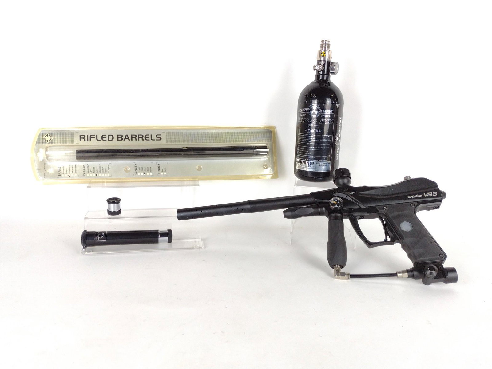 Spyder VS3 Paintball Gun with Accessories: Includes paintball gun, unopened Smart Parts Rifled Barrels, 3000 PSI 48cu gas cylinder, and extra eye pieces. DP. IMPORTANT: Before bidding, please read the terms and conditions. When you registered 