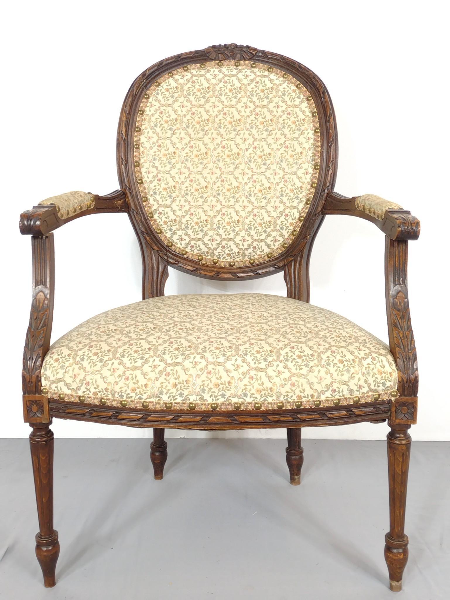 French Carved Arm Chair: 24" wide X 18-1/2" deep X 34-1/2" high. Has some scratches. MG. IMPORTANT: Before bidding, please read the terms and conditions. When you registered for the auction you agreed to these terms and will 