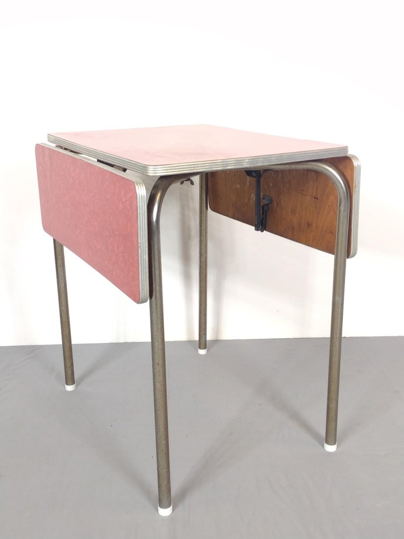 Formica Top Drop Leaf Table: Open 35-1/2", closed 18-1/2" wide X 23-3/4" deep X 28" high. Legs have some finish loss and rust. MG. IMPORTANT: Before bidding, please read the terms and conditions. When you registered for the aucti