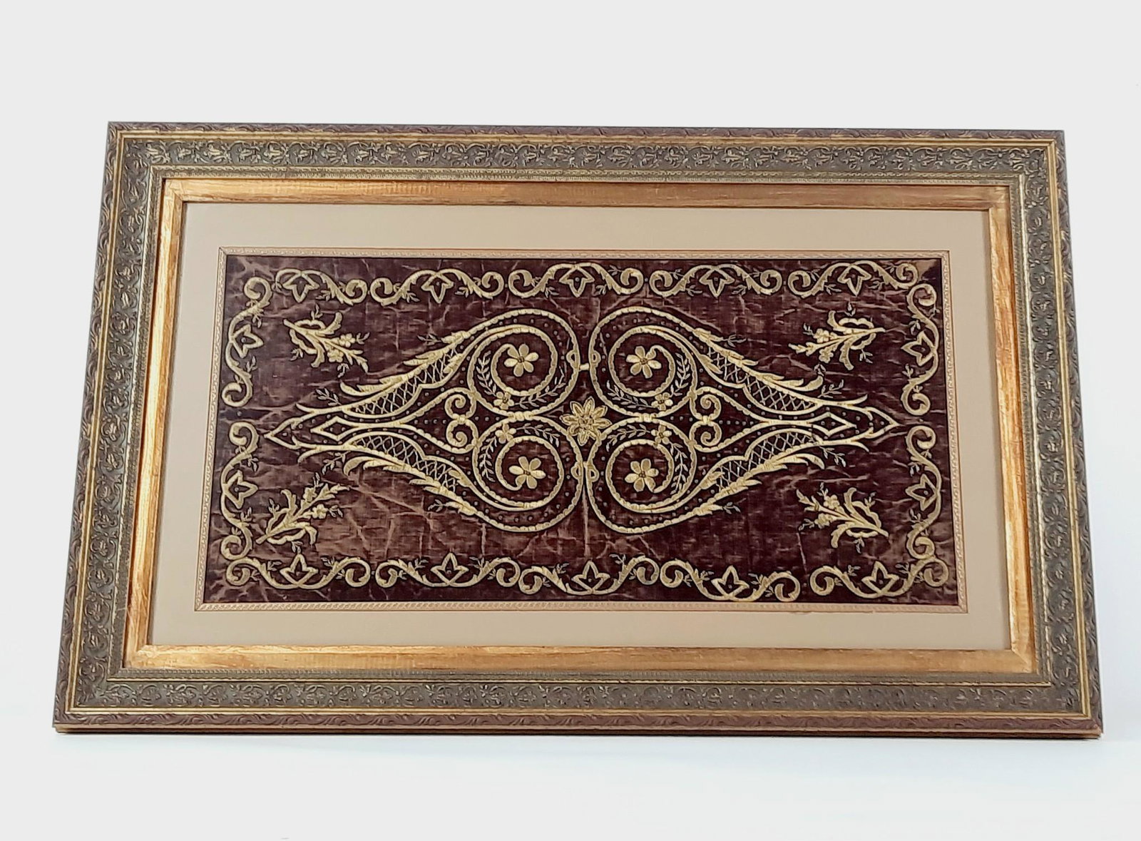 Turkish Velvet Gilt Embroidery Panel: Overall with frame 25" high x 40" wide. LR IMPORTANT: Before bidding, please read the terms and conditions. When you registered for the auction you agreed to these terms and will be required to comply
