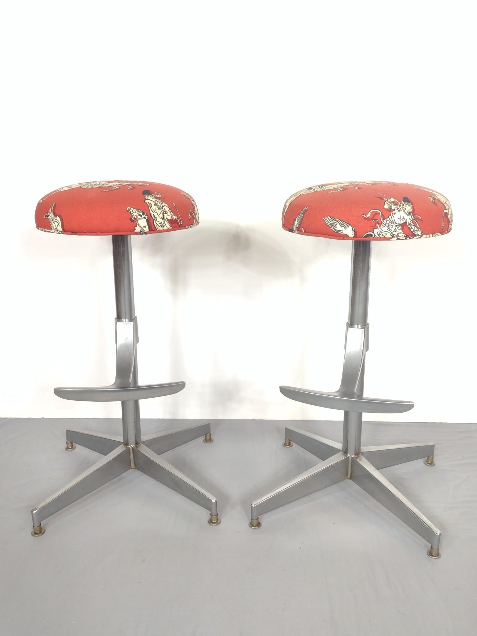 Pr Mid Century Bar Stools with Asian Upholstery (1 of 4)