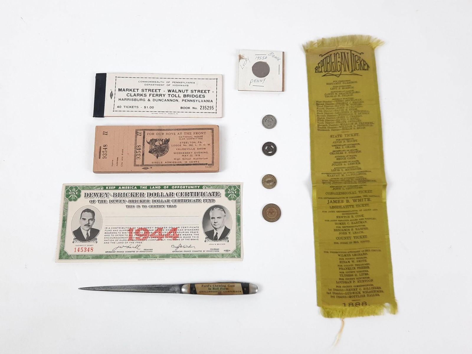 10 Pcs Pennsylvania Ephemera incl 1888 Republican Ticket Ribbon (1 of 11)