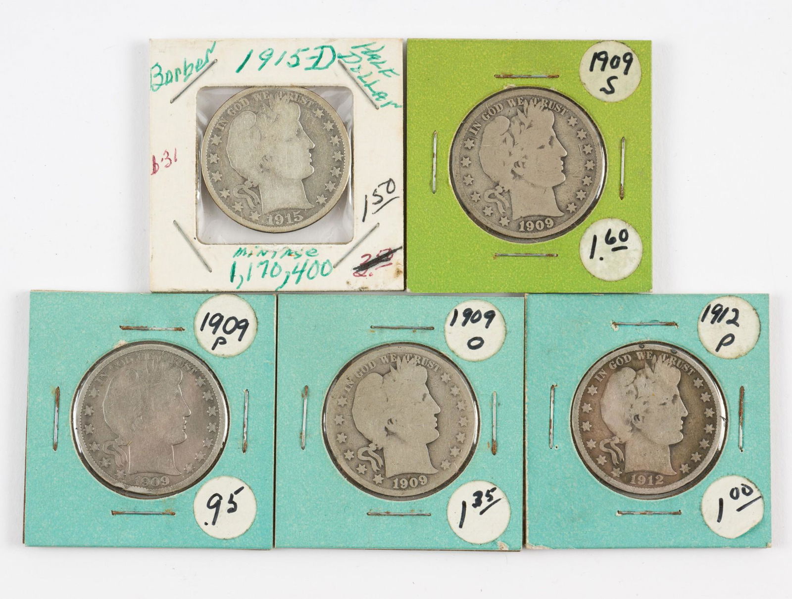 5 U.S. Silver Barber Half Dollars (1 of 2)