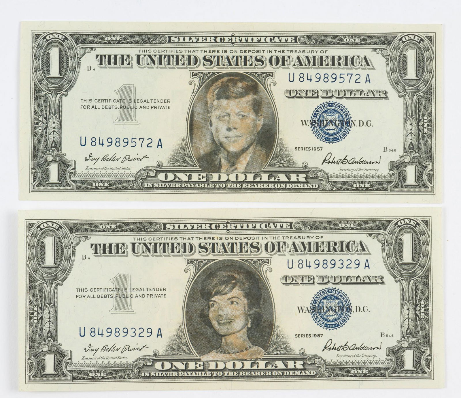 2 1957 $1 Silver Certificate w/J.F.K. & Jacqueline (1 of 2)