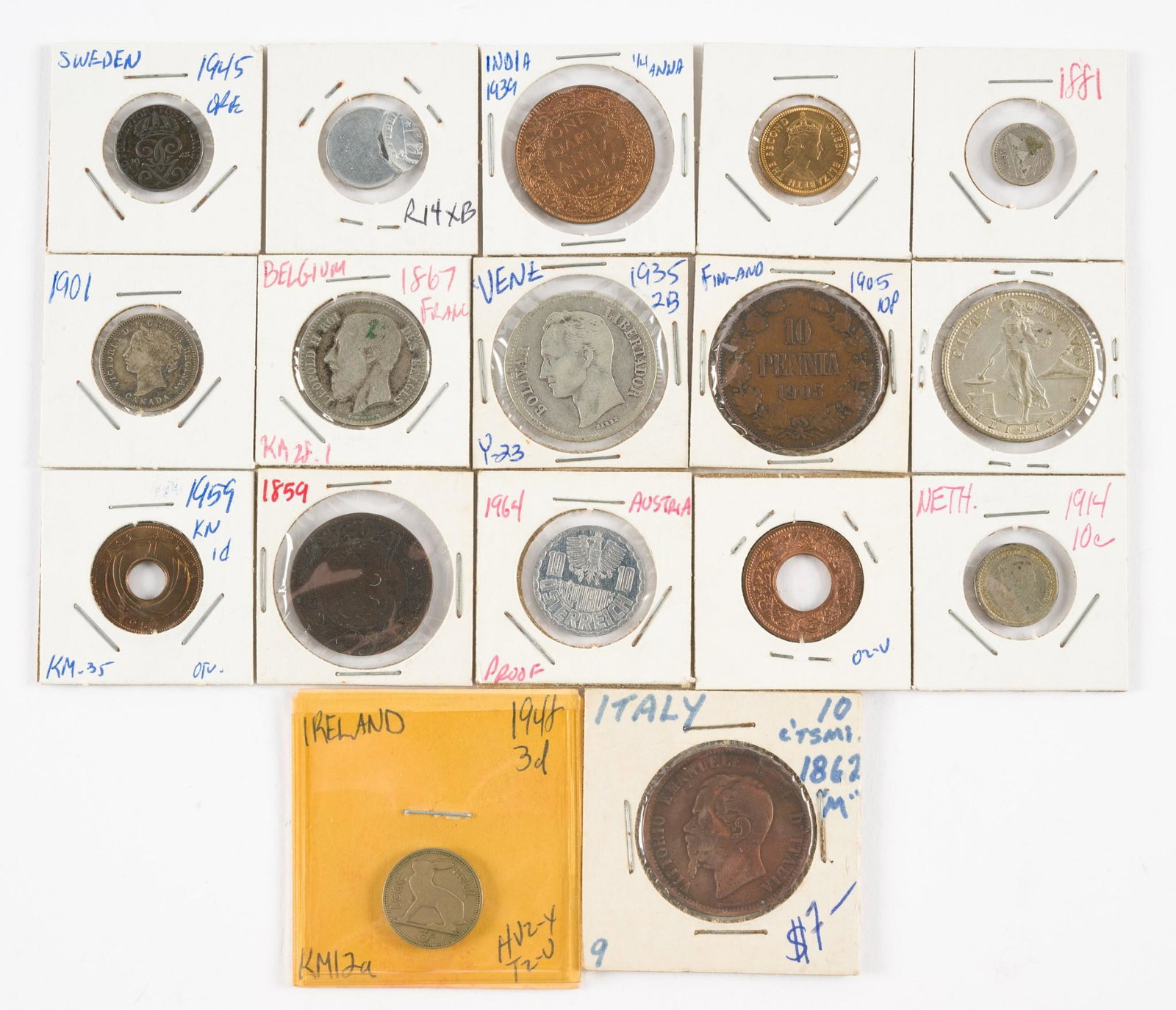 17 World Coins Incl Canadian: Includes 1901 Canadian 10 cent, 1935 Ven 2B, 1859 Canadian 1 cent, 1967 Belgium Franc, 1905 Finland 10 Pennia, 1944 Philaphine 50 Centavos, and 11 more. DP. IMPORTANT: Before bidding, please read the 