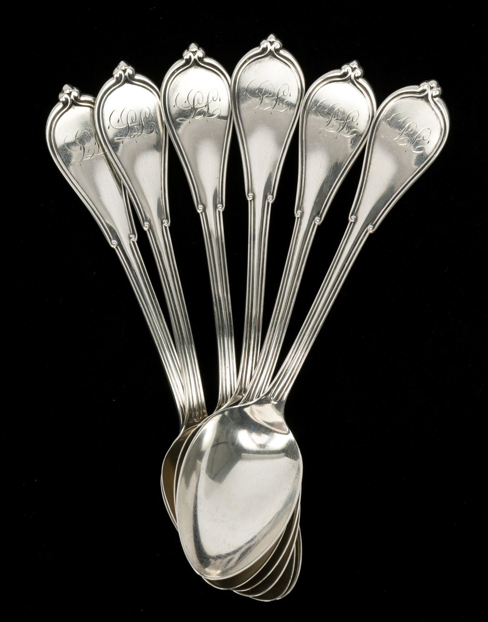 6 Coin Silver Clark & Biddle Spoons: Philadelphia. 1860s. Monogrammed. 5-3/4" long. RM IMPORTANT: Before bidding, please read the terms and conditions. When you registered for the auction you agreed to these terms and will be required to