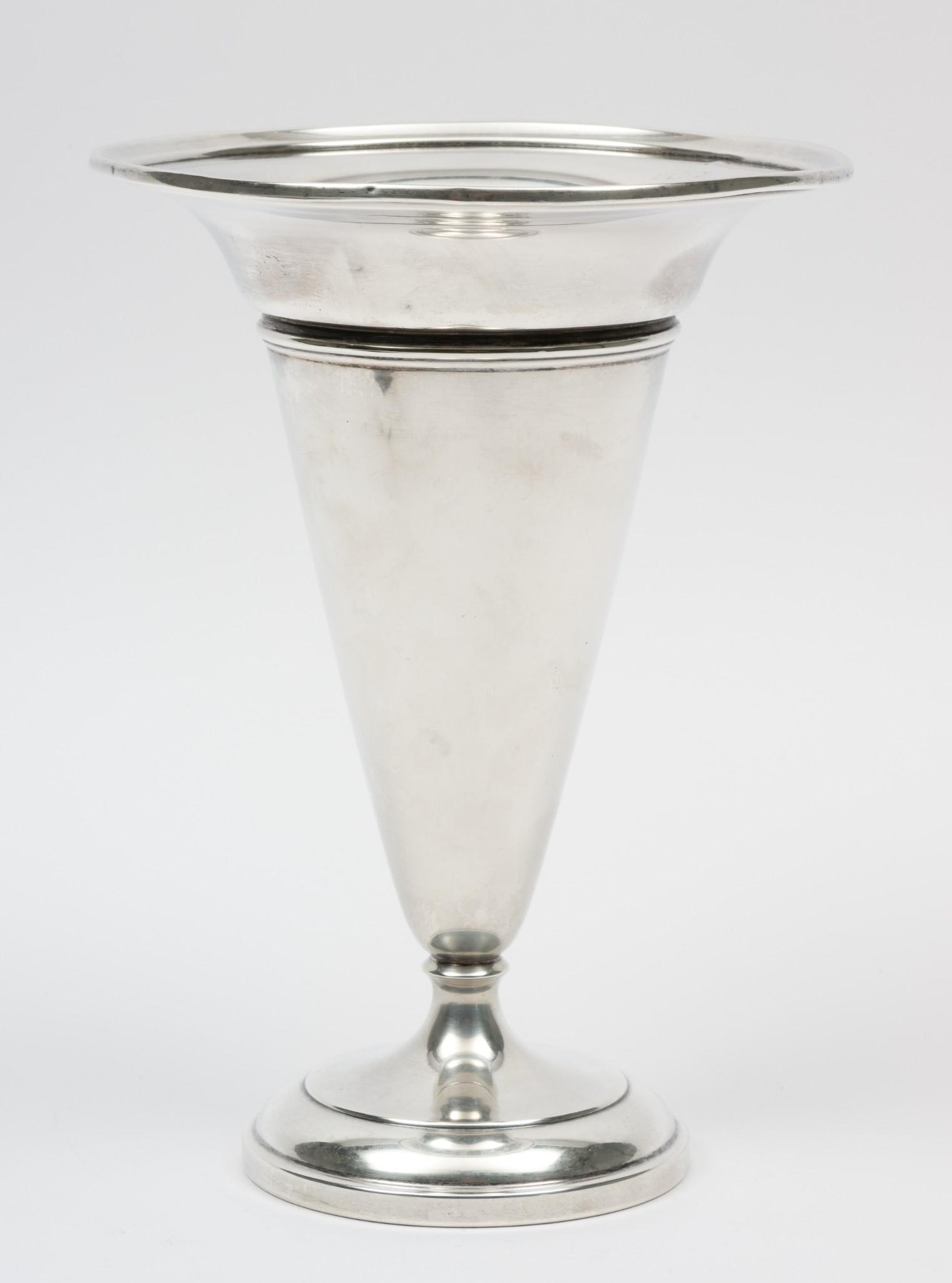 Weighted Sterling Watson Co. Trumpet Vase: Hallmarked to bottom. 8" high x 5-3/4" diameter at top. RM IMPORTANT: Before bidding, please read the terms and conditions. When you registered for the auction you agreed to these terms and will be re