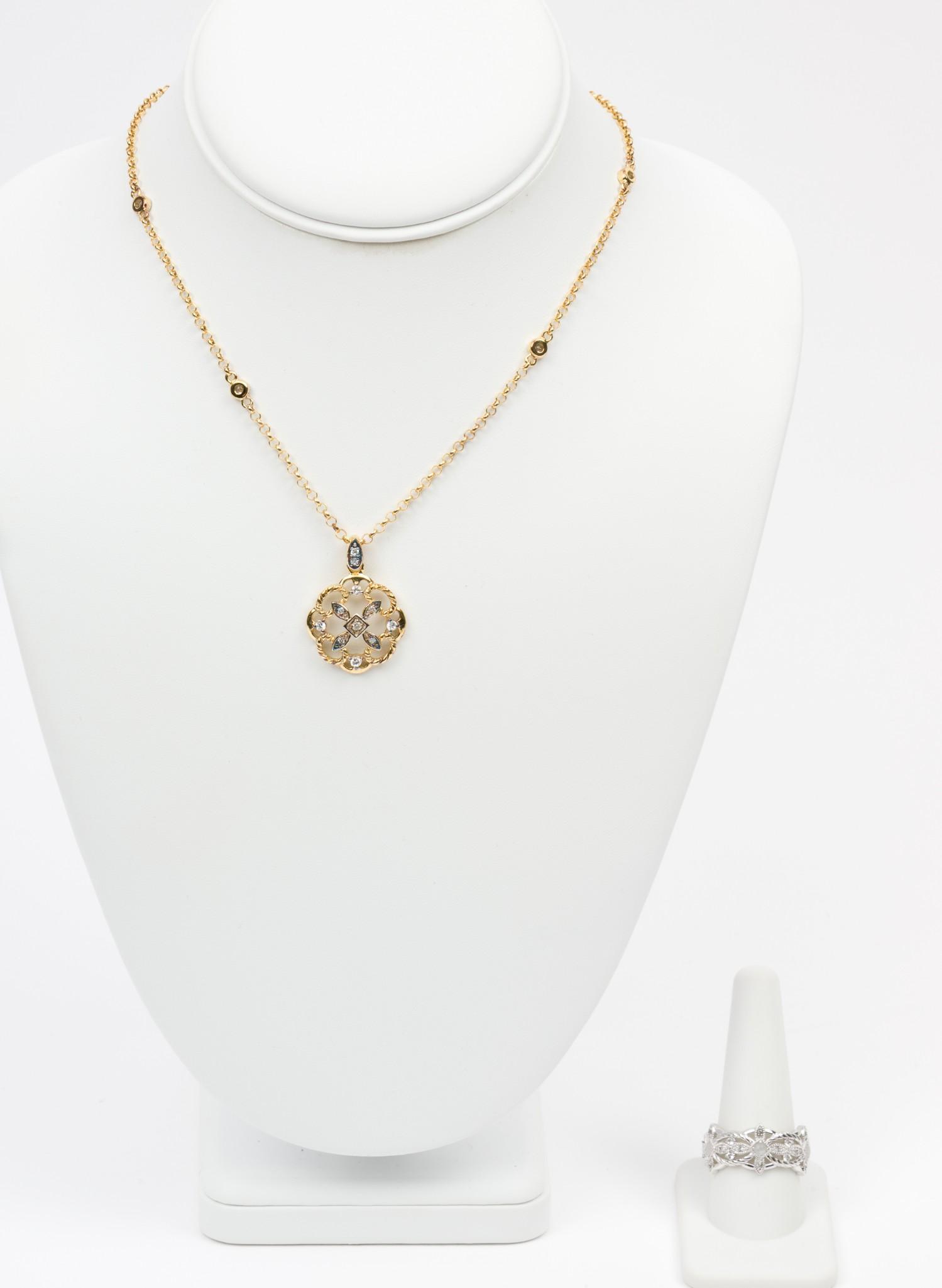 Lenox Sterling Pendant Necklace and Ring: "The Diamond and Lace Pendant". Vermeil pendant (stamped 925) set with six round CZ and five .01 carat each round brilliant cut diamonds. 1-1/4" long on 16" long vermeil chain bezel set with four CZ. 