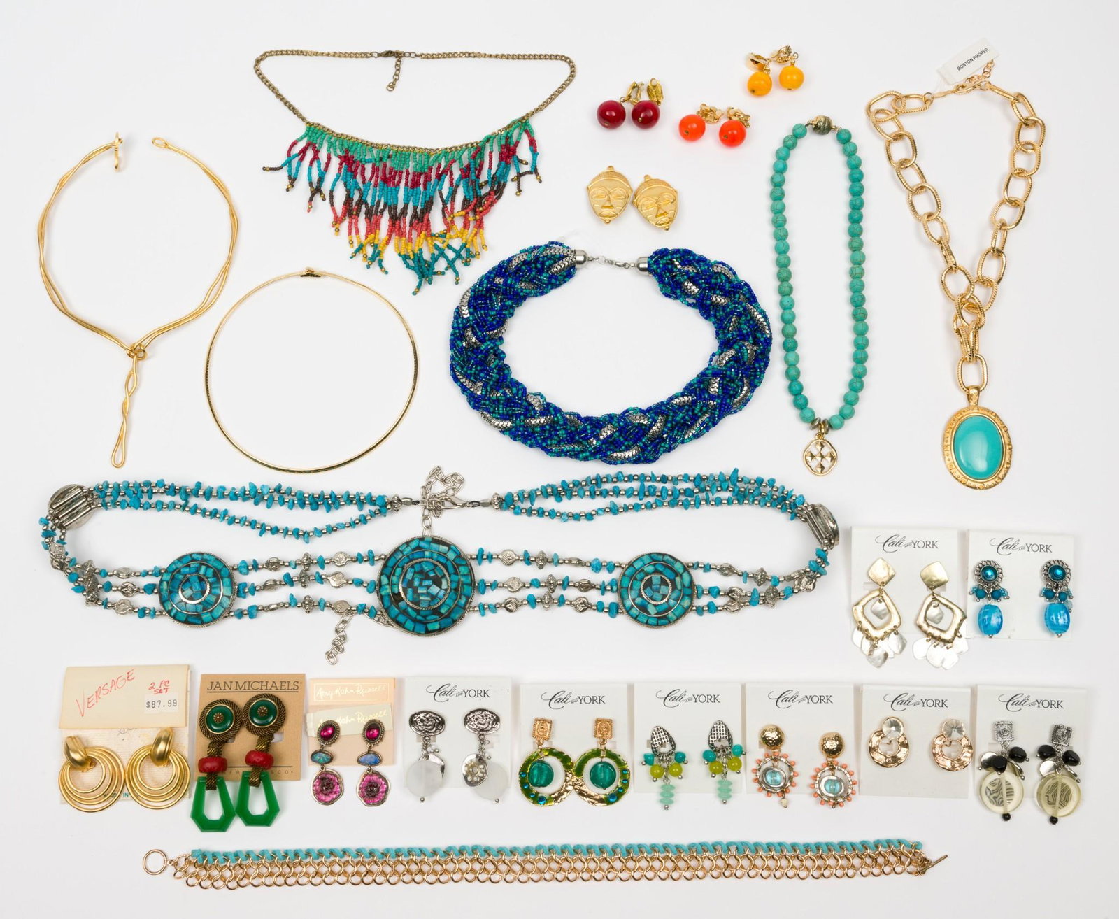 Eight Costume Necklaces and 15 Pairs of Earrings: Includes Jan Michaels, Amy Kahn Russel, Versace, Cali and York, and Boston Proper. Clip on earrings 1" long to 3" long. Necklaces 16" long to 42" long. MH. IMPORTANT: Before bidding, please read the t