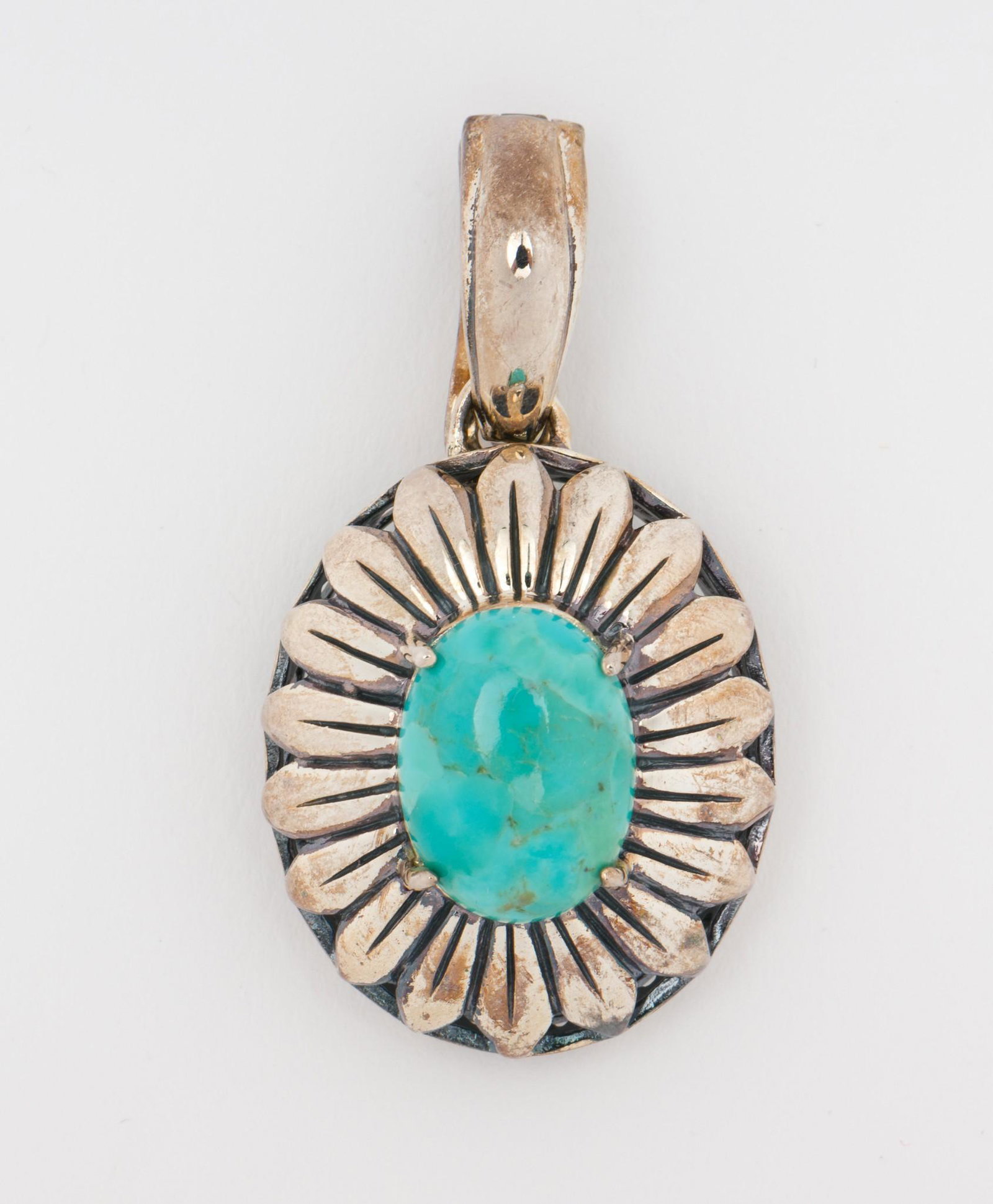 Ross Simons Sterling and Turquoise Pendant: 1-3/4" long. MH. IMPORTANT: Before bidding, please read the terms and conditions. When you registered for the auction you agreed to these terms and will be required to comply with them.