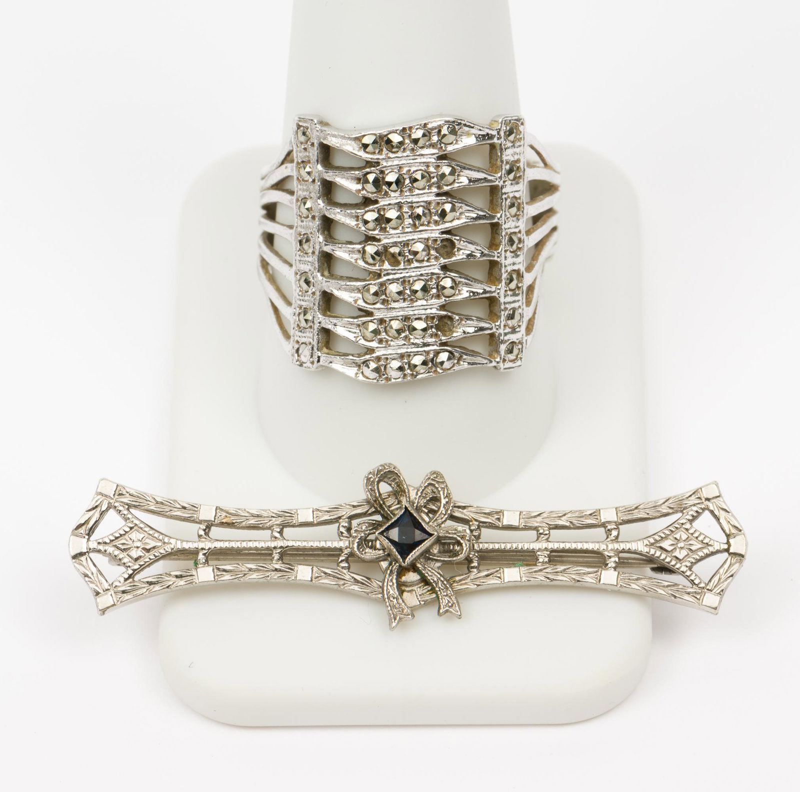 Vintage Hayward Bar Pin and Sterling Ring: Bar pin signed Hayward 1-3/4" long. Ring with marcasite accents marked sterling and signed B-K, size 11, 3/4" wide. MH. IMPORTANT: Before bidding, please read the terms and conditions. When you regist