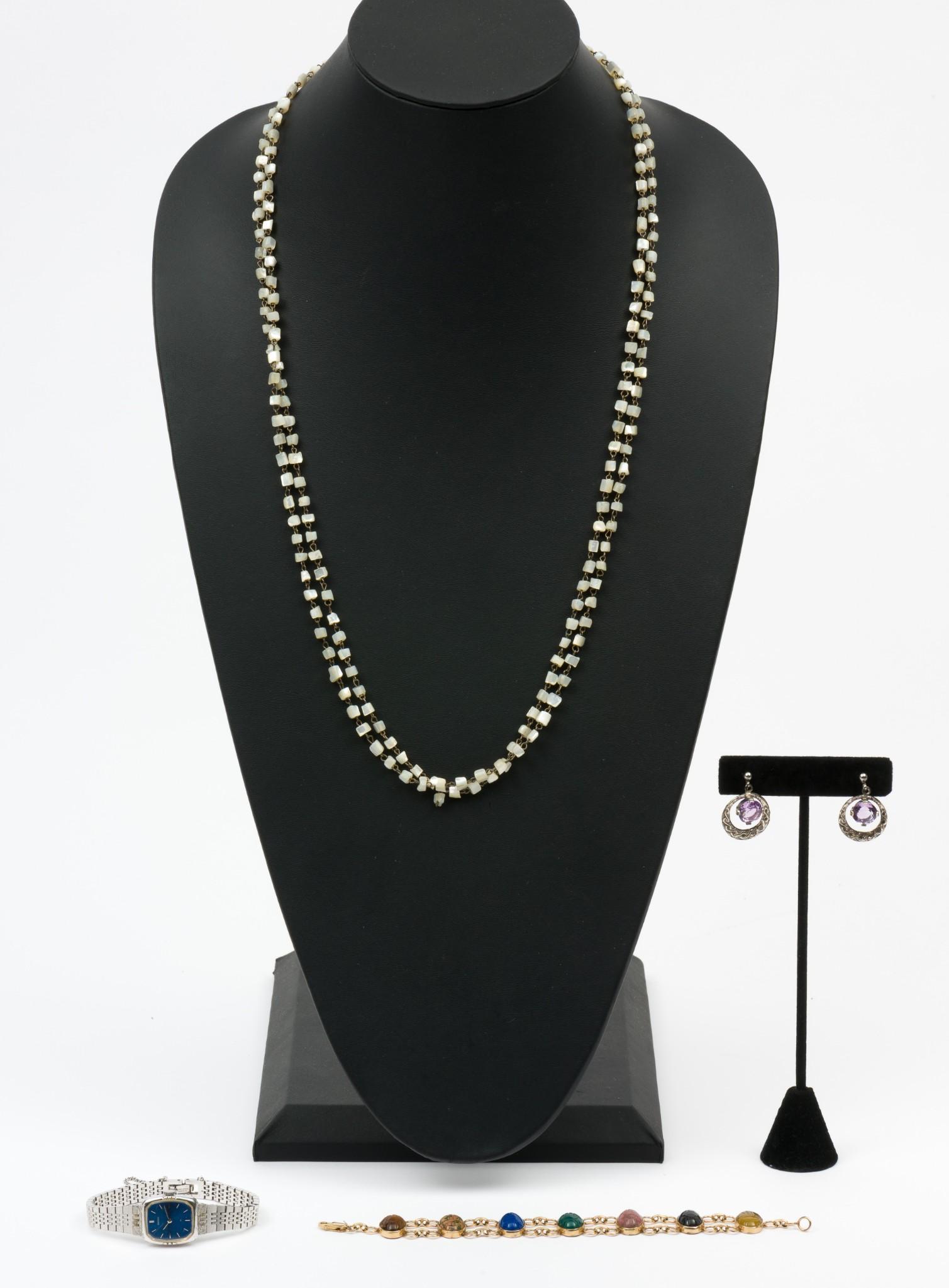 Scarab Bracelet, Mother of Pearl Necklace, Seiko Watch, Costume Earrings (1 of 15)