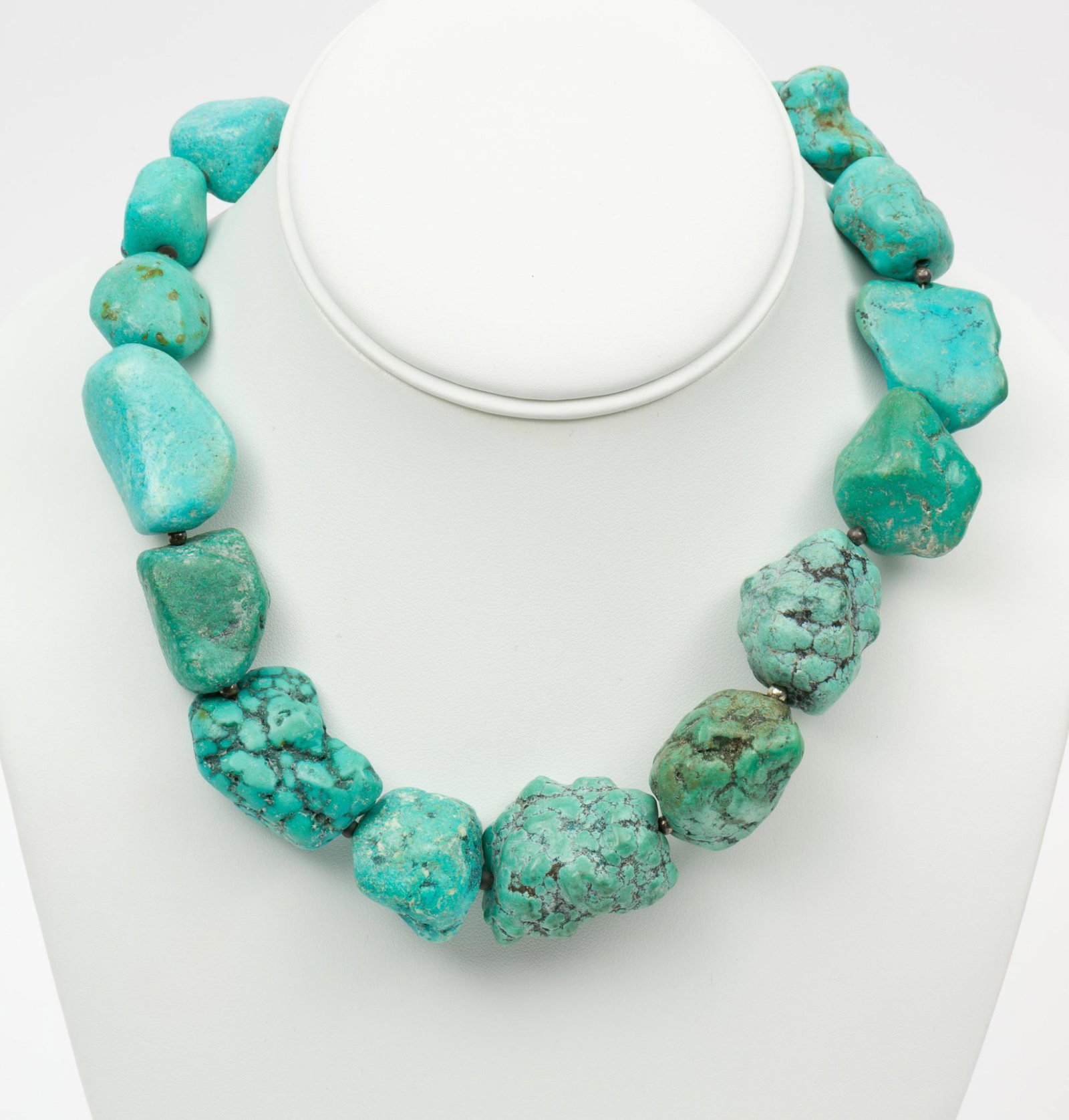 Turquoise Nugget Necklace: 16" long. Nuggets 3/4" to 1-1/4" long. MH. IMPORTANT: Before bidding, please read the terms and conditions. When you registered for the auction you agreed to these terms and will be required to comply