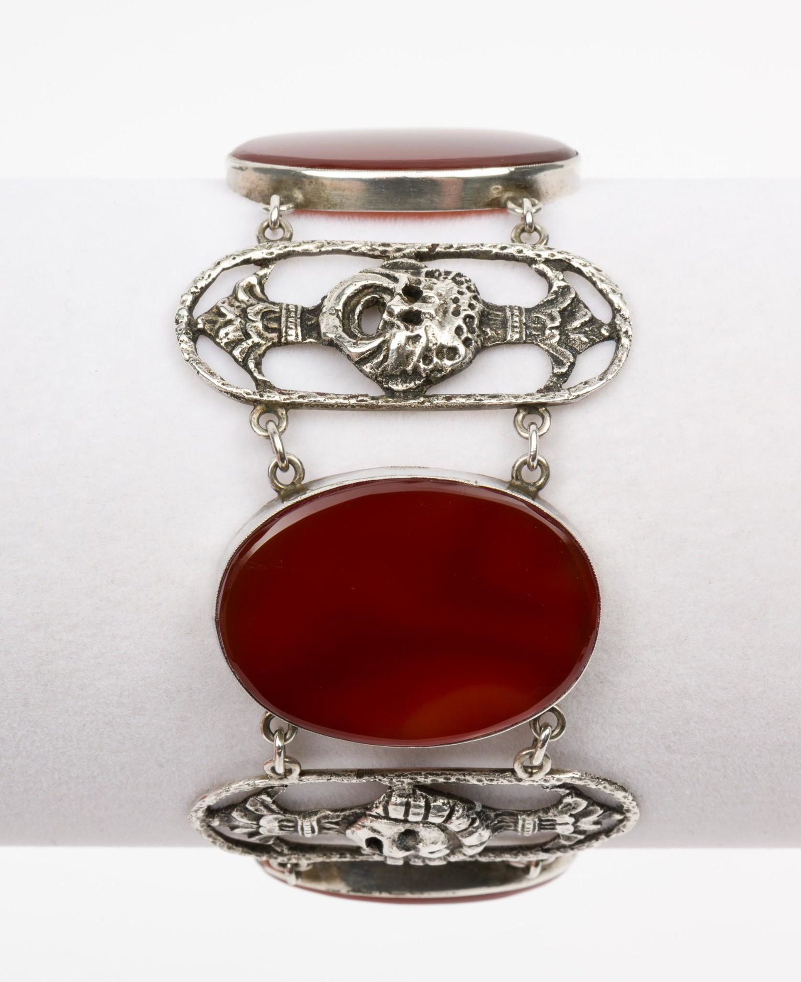 Sterling and Carnelian Bracelet: Marked sterling. 7" long, 1-3/4" wide. MH. IMPORTANT: Before bidding, please read the terms and conditions. When you registered for the auction you agreed to these terms and will be required to comply