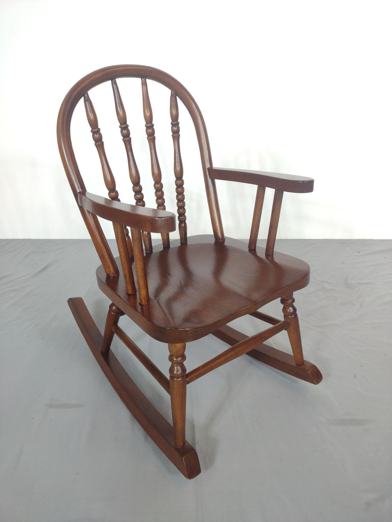 Child's Rocker: 13-1/2" wide X 23-1/2" deep X 25" high. MG. IMPORTANT: Before bidding, please read the terms and conditions. When you registered for the auction you agreed to these terms and will be required to compl