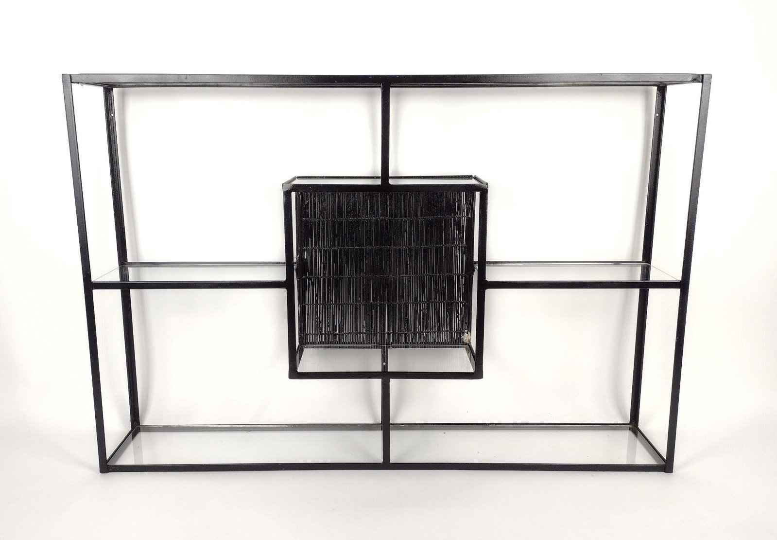 Metal and Glass Wall Shelf: 25-1/2" wide X 6-1/2" deep X 37-3/4" high. Some finish losses. Some chips to glass. MEG IMPORTANT: Before bidding, please read the terms and conditions. When you registered for the auction you agreed 