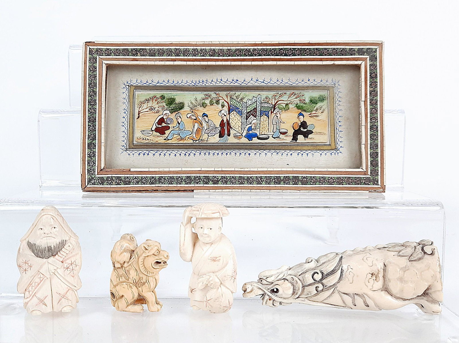 4 Bone Netsukes and 1 Miniature Indian Painting: Painting overall with frame 3-1/2" high x 6-3/4" wide. Netsukes: 1-1/2" to 3-3/4" long. LR IMPORTANT: Before bidding, please read the terms and conditions. When you registered for the auction you agre
