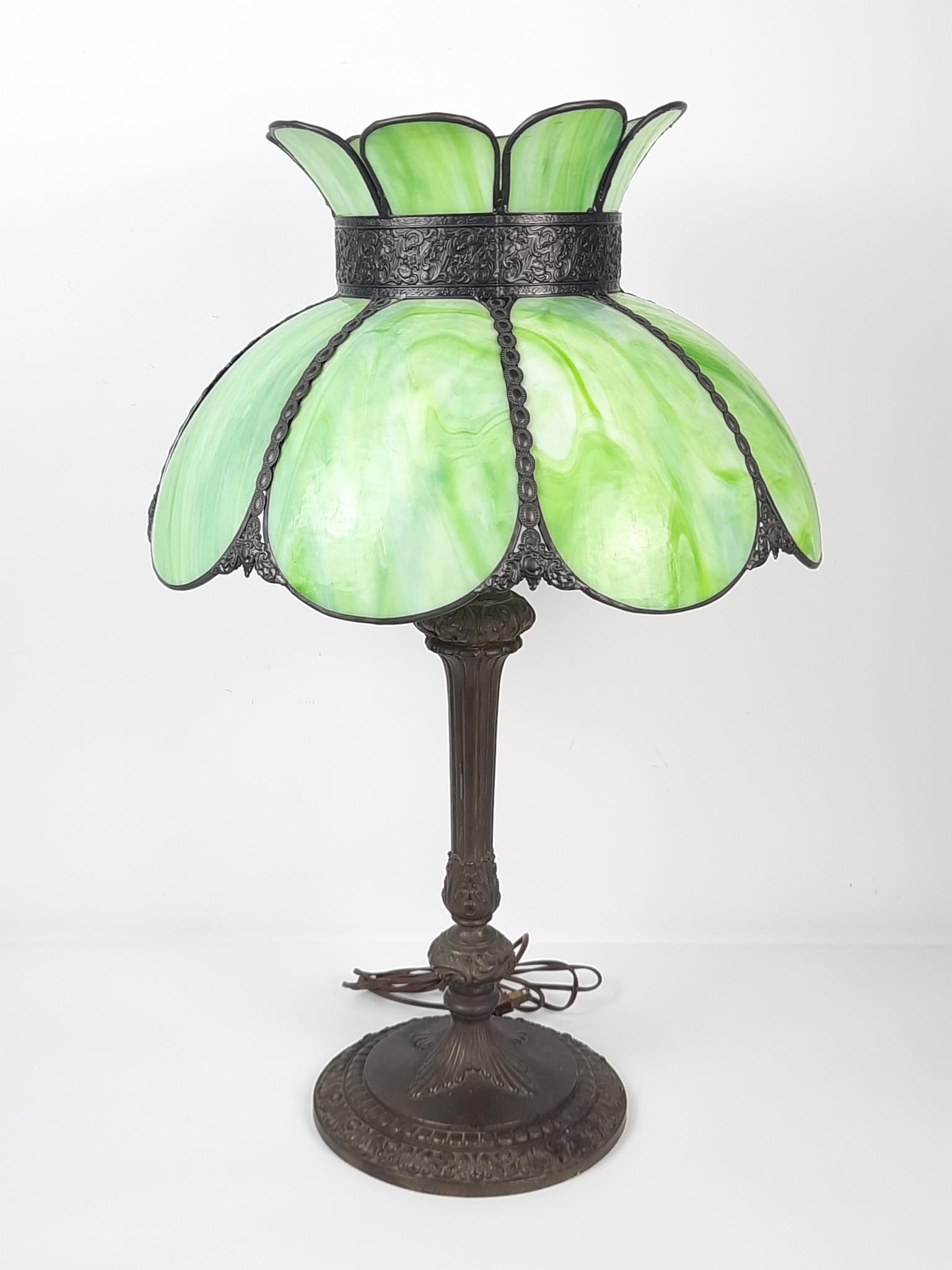 Slag Glass Lamp: Working. 17" diameter x 28" high. LR IMPORTANT: Before bidding, please read the terms and conditions. When you registered for the auction you agreed to these terms and will be required to comply with 