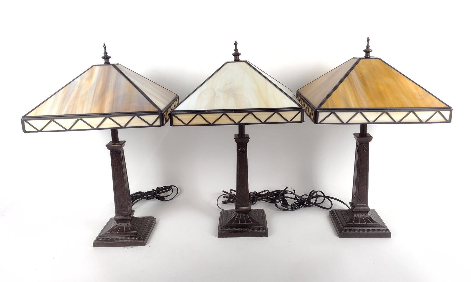 3 Arts and Crafts Style Lamps: Working. Each with acrylic shades. Each: 13-1/4" wide X 22-3/4" high. MEG IMPORTANT: Before bidding, please read the terms and conditions. When you registered for the auction you agreed to these terms