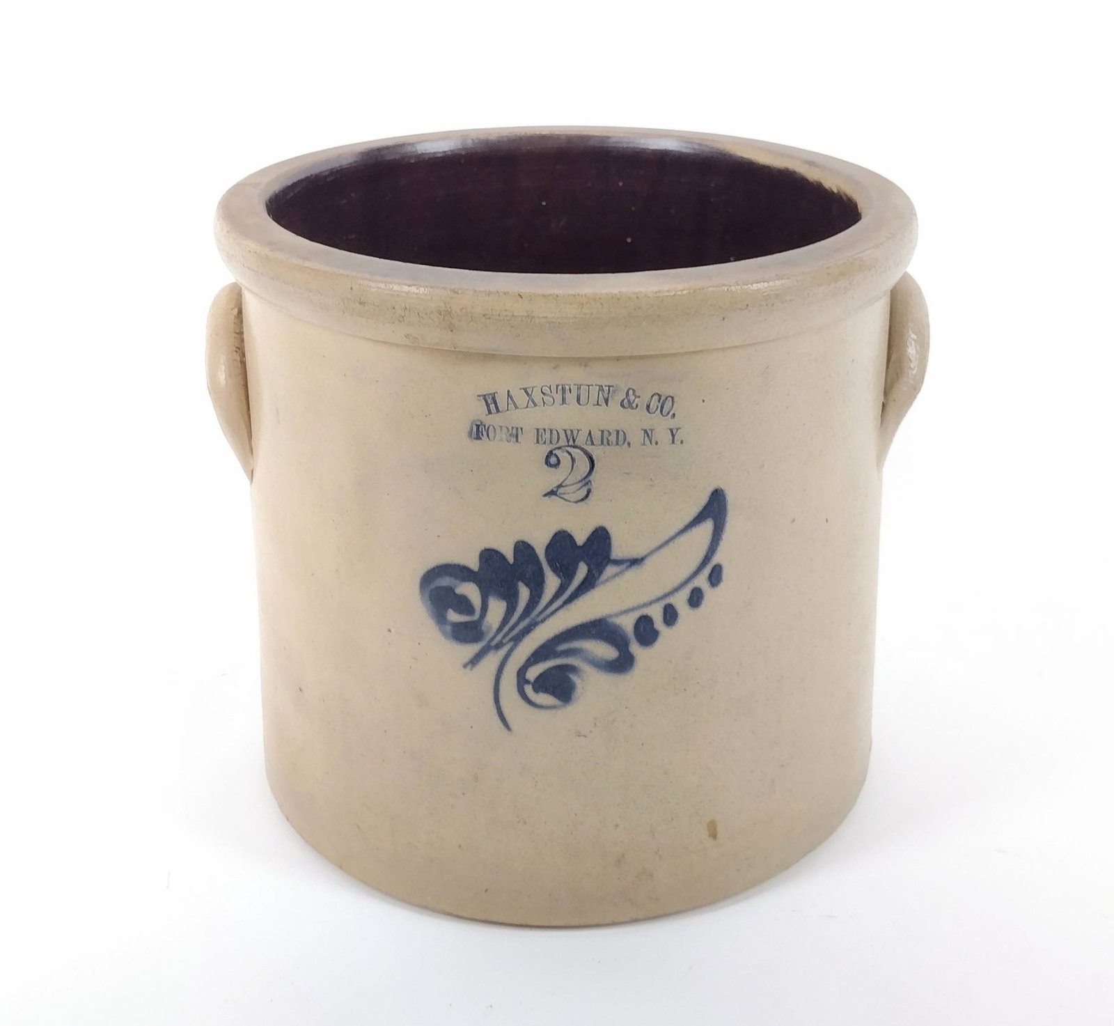 2 Gallon Haxstun & Co. Fort Edward N.Y. Crock: 10" wide X 9-1/4" high. MEG IMPORTANT: Before bidding, please read the terms and conditions. When you registered for the auction you agreed to these terms and will be required to comply with them.