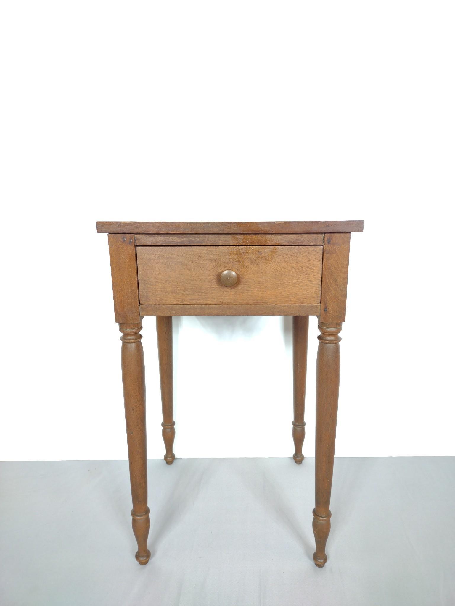 Single Drawer Work Table: 18" wide X 17-1/2" deep X 29" high. Has a few light scratches. MG. IMPORTANT: Before bidding, please read the terms and conditions. When you registered for the auction you agreed to these terms and wi