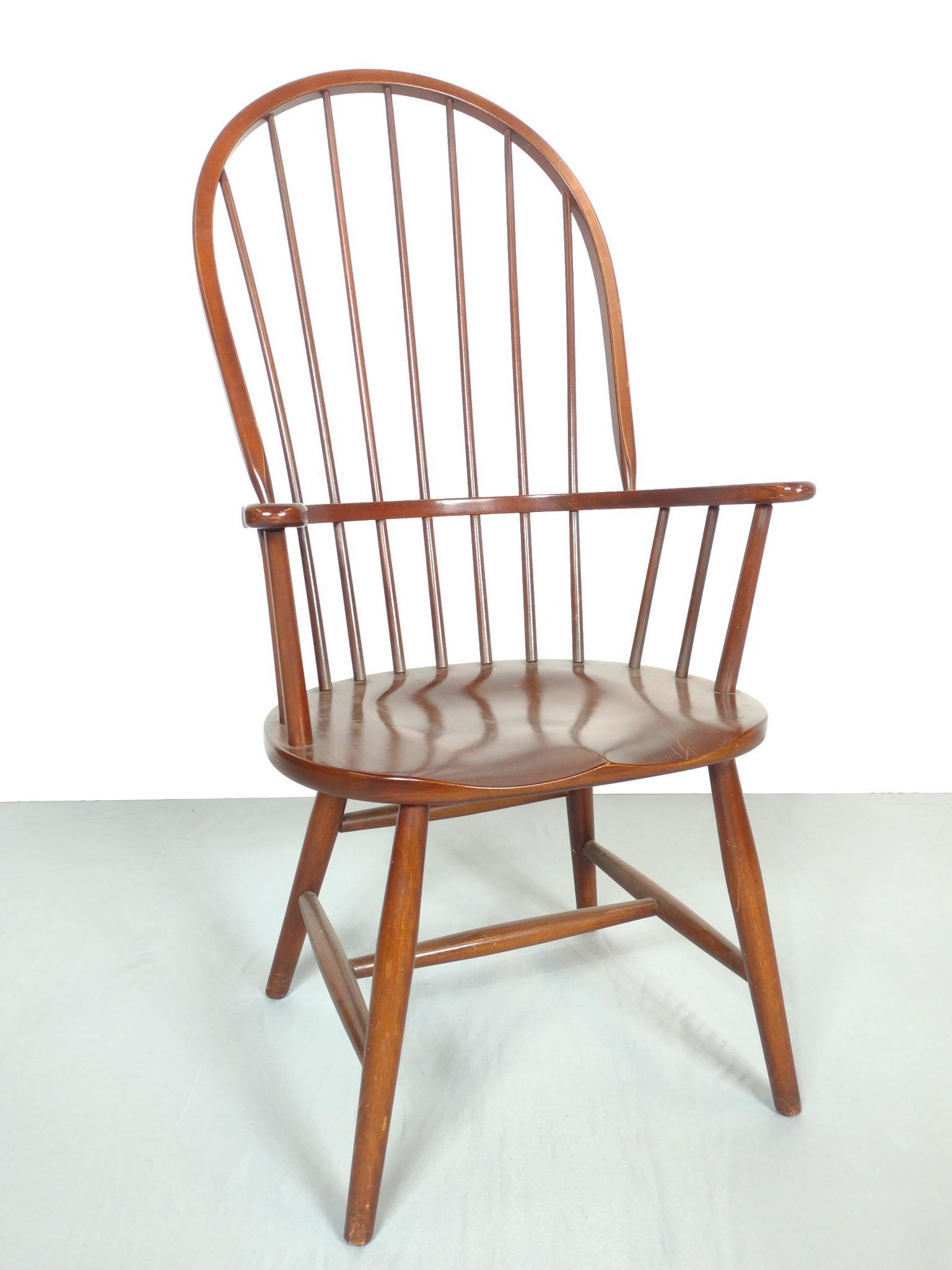 Vintage Windsor Arm Chair: 24-1/4" wide X 17-1/2" deep X 44". Has some light scratches. MG. IMPORTANT: Before bidding, please read the terms and conditions. When you registered for the auction you agreed to these terms and will