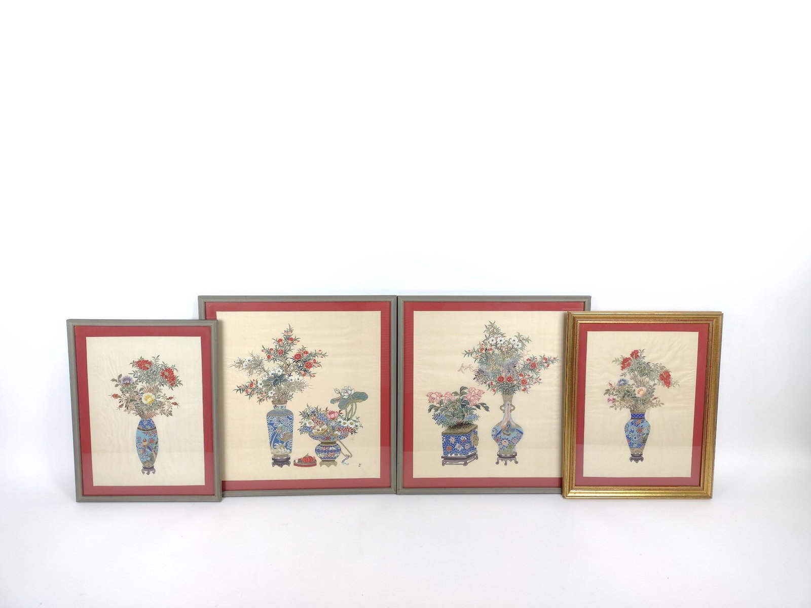 4 Framed Chinese Embroideries on Silk: Unsigned. Overall with frames: 12-1/4" to 16-3/4" wide X 16" to 17-3/4" high. MEG IMPORTANT: Before bidding, please read the terms and conditions. When you registered for the auction you agreed to the