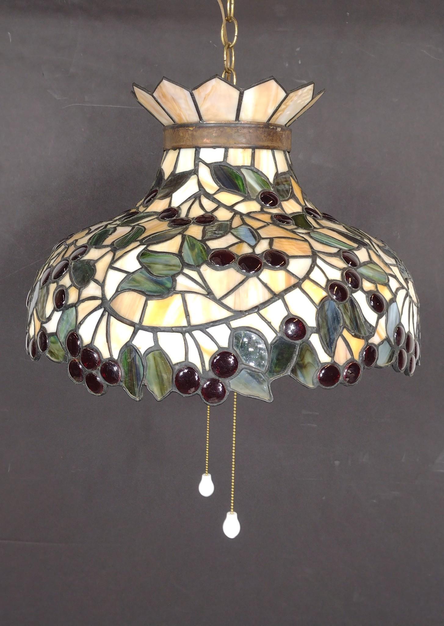 Antique Leaded Glass Chandelier: 20-1/2" diameter X 13" high. Working. MG. IMPORTANT: Before bidding, please read the terms and conditions. When you registered for the auction you agreed to these terms and will be required to comply 