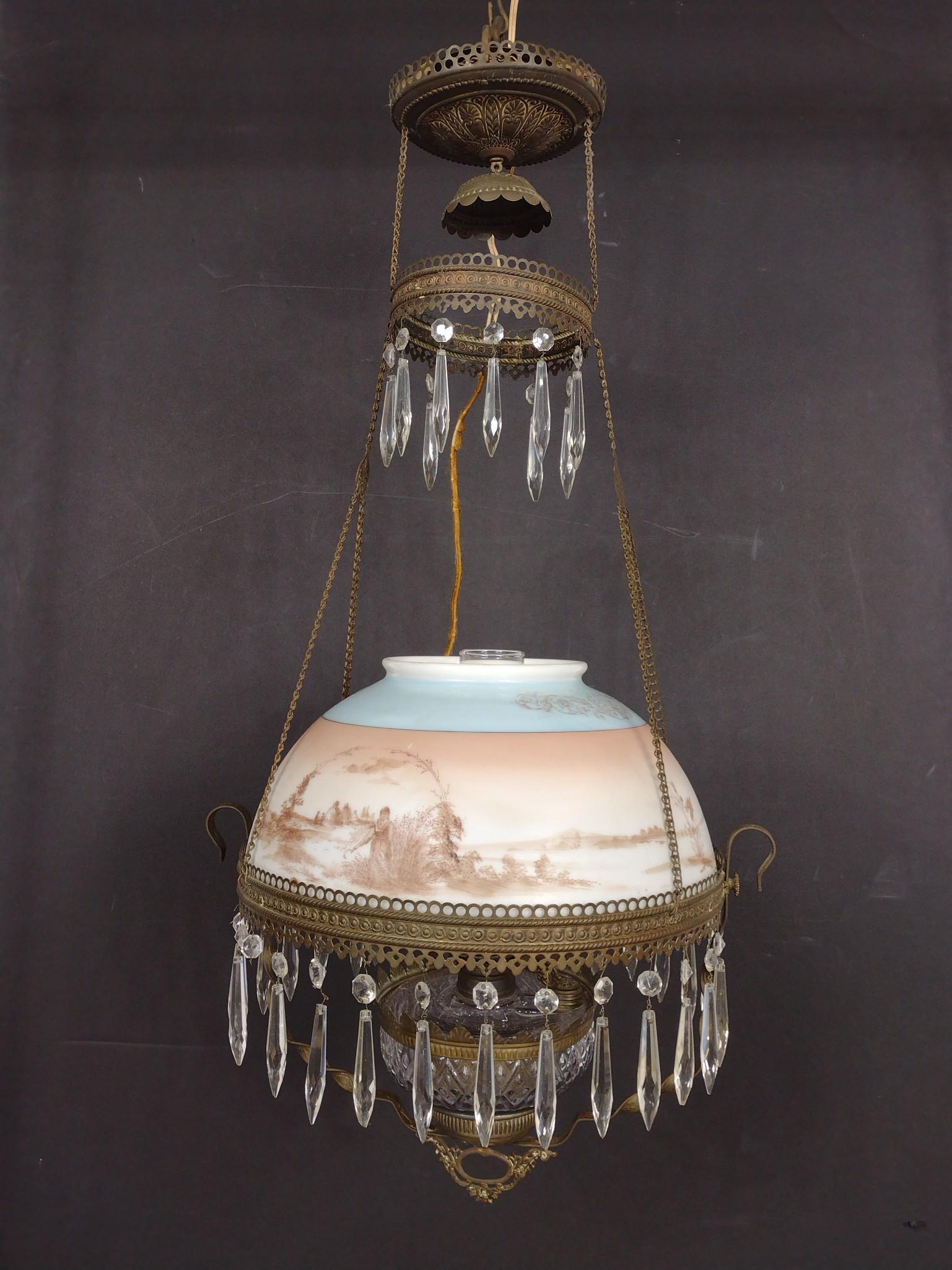 Victorian Hand Painted Parlor Lamp: Working. 16" wide X 14" deep X 32" high. A few prisms are missing. MG. IMPORTANT: Before bidding, please read the terms and conditions. When you registered for the auction you agreed to these terms an