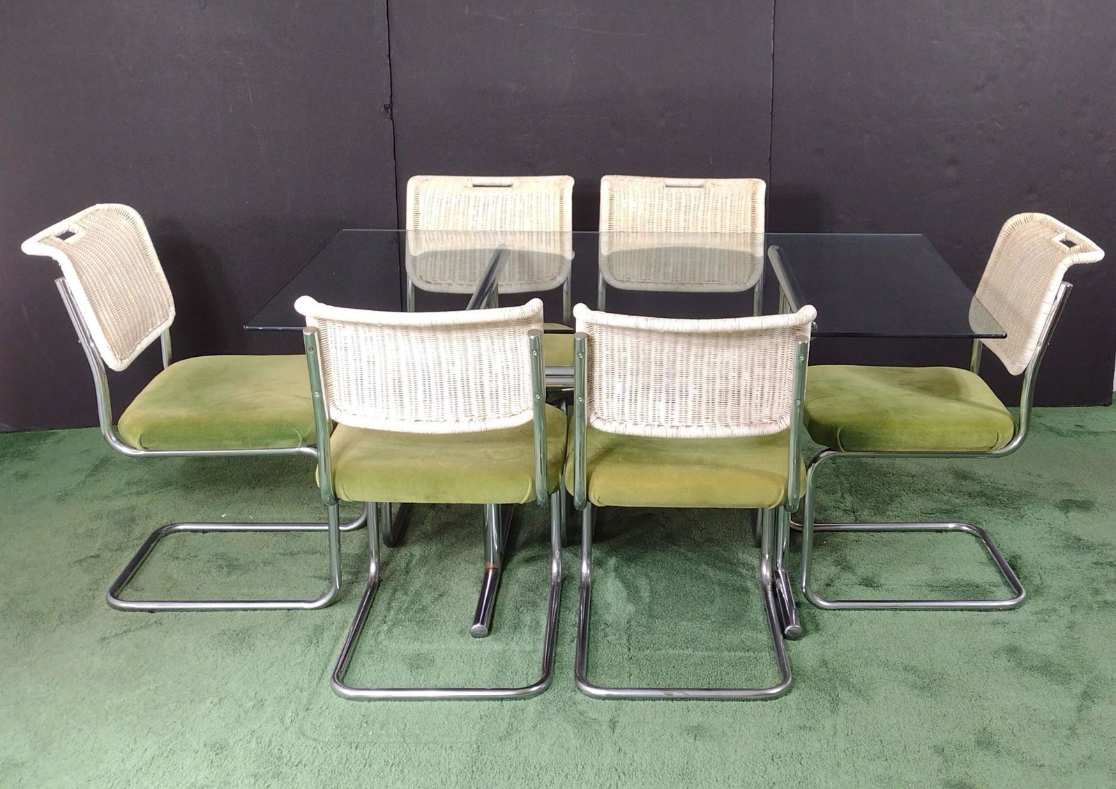 Bozof Dining Set: Table 60" wide X 36" deep X 29-1/2" high. Chairs 20" wide X 21" deep X 33" high. MG. IMPORTANT: Before bidding, please read the terms and conditions. When you registered for the auction you agreed to