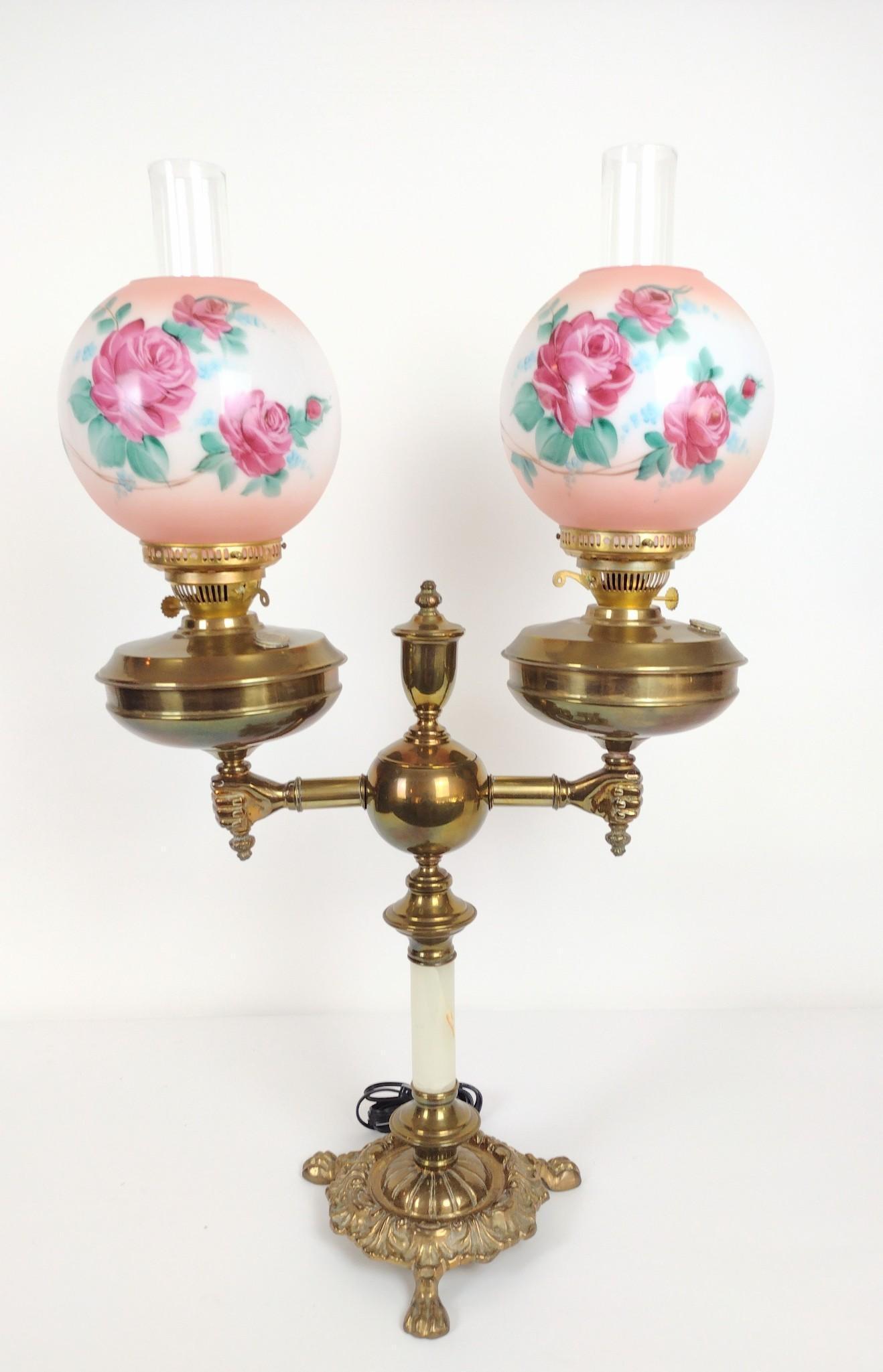 Double Gone With The Wind Lamp: Working. 18-1/2" wide x 9-1/2" deep x 33" high. RM IMPORTANT: Before bidding, please read the terms and conditions. When you registered for the auction you agreed to these terms and will be required t