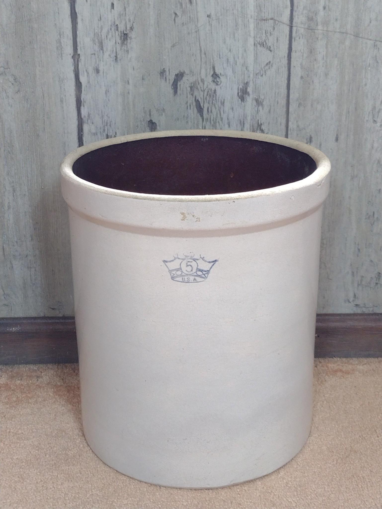 5 Gallon Ransbottom Crock: 12-1/4" diameter X 14" high. MG. IMPORTANT: Before bidding, please read the terms and conditions. When you registered for the auction you agreed to these terms and will be required to comply with them